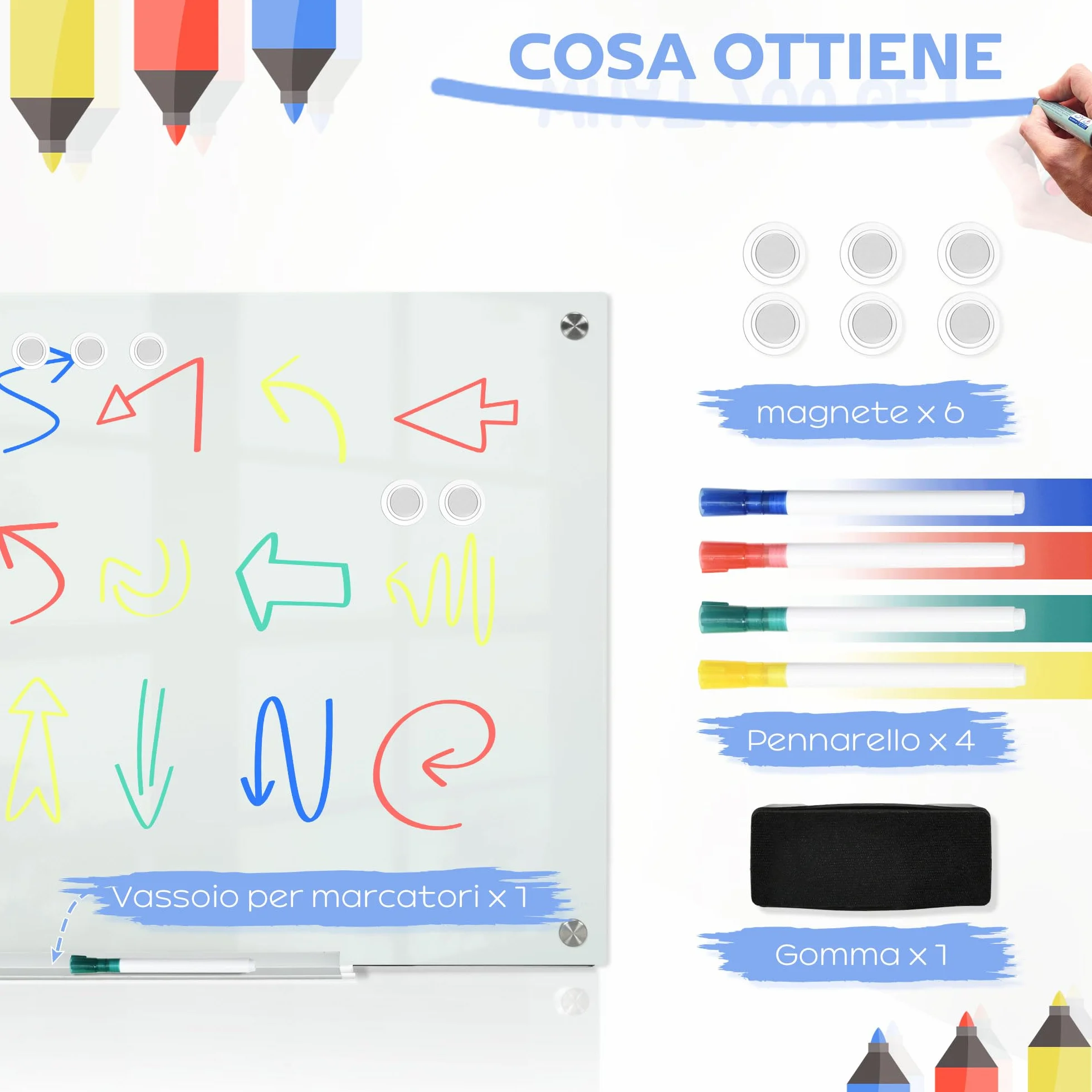 Vinsetto Lavagna Magnetica Cancellabile in Vetro da Parete con 4 Pennarelli Colorati e Cancellino, Lavagna Magnetica in Alluminio per Ufficio Casa Scuola Ristorante, 90x0.4x60 cm Bianco