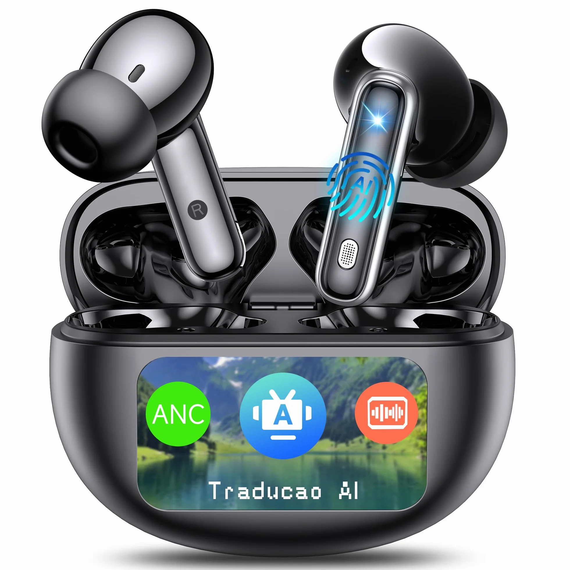 AI Cuffie Traduzione Simultanea, Auricolari Bluetooth 5.4 con schermo LED, 3 in 1 Cuffie Traduzione Bluetooth con ENC, 144 Lingue Auricolari Traduttori Istantanei Vocali Gratuite, per Viaggi/Affari