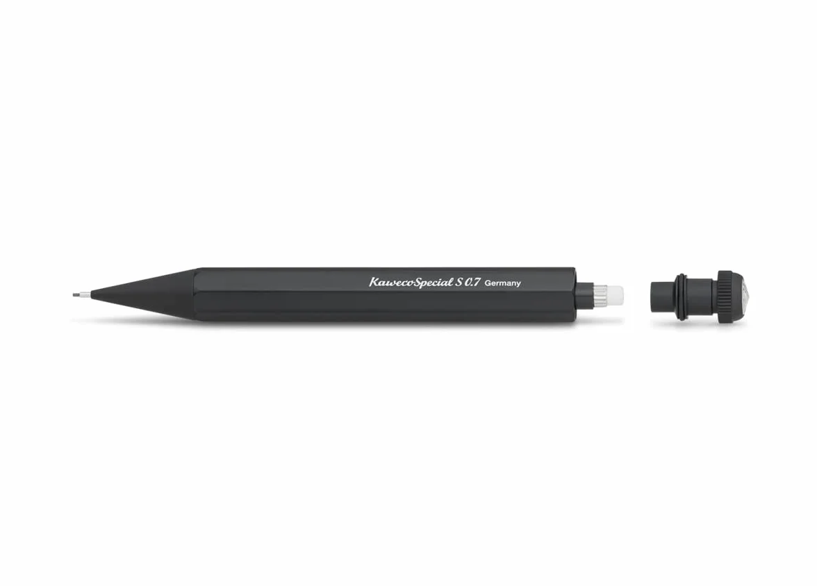 Kaweco SPECIAL S Portamine 0,7 I in alluminio di alta qualit? con otto spigoli ottogonali, portamine da 10,5 cm, penna a pressione ricaricabile, nero con gomma