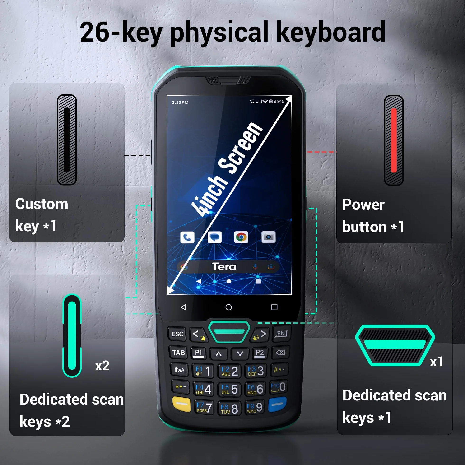 Tera Android 11 Scanner codici a barre con 26 tasti HS7 Motore di scansione IP67 robusto 4+64GB 5100mAh Batteria QC 3.0 Ricarica Rapida 4" Touch Screen Terminale Mobile per Scanner Inventario Modello