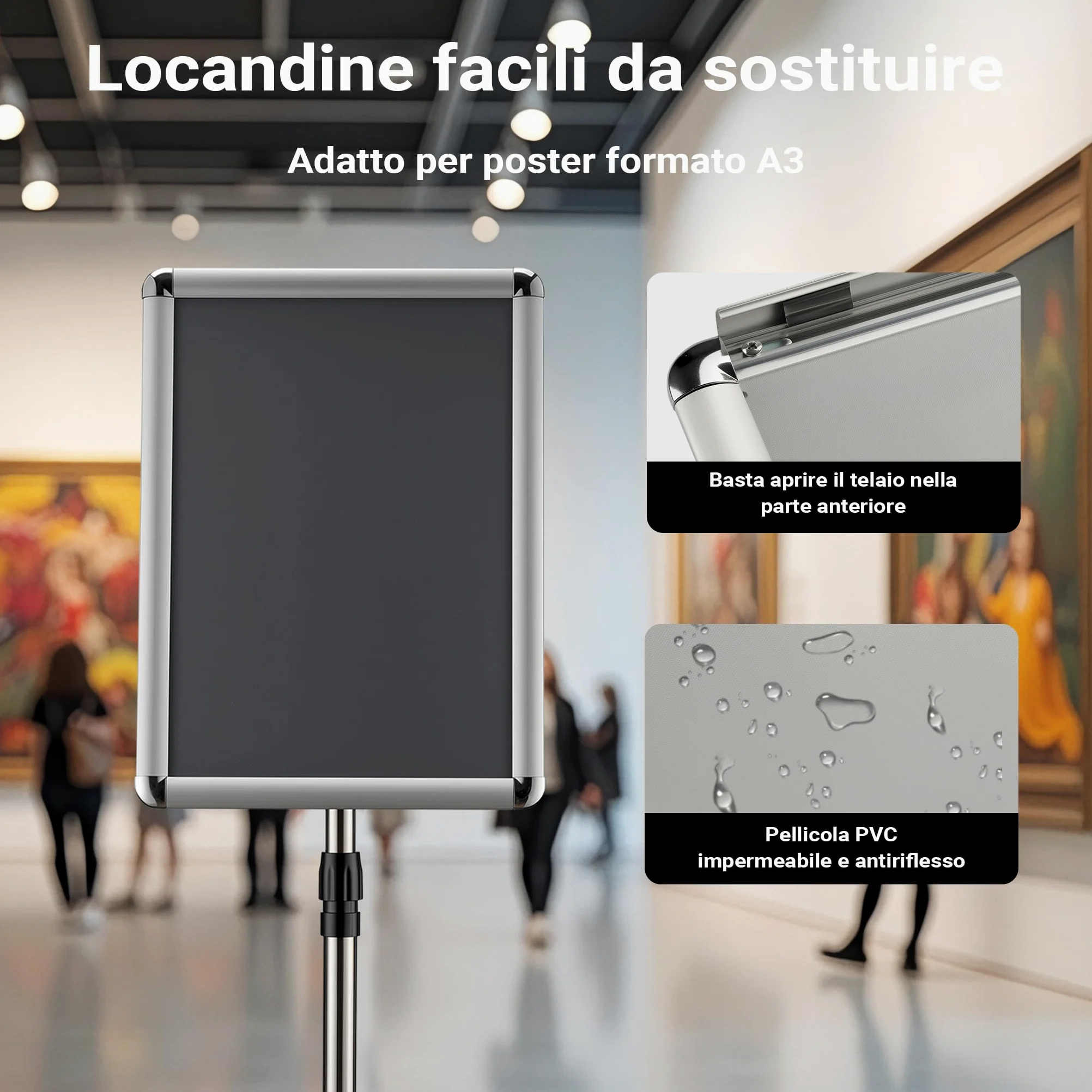 Wiltec Espositore per poster, pubblicità, menù in A3, altezza regolabile 88-138 cm, supporto per presentazioni, stand, piedistallo in alluminio e acciaio