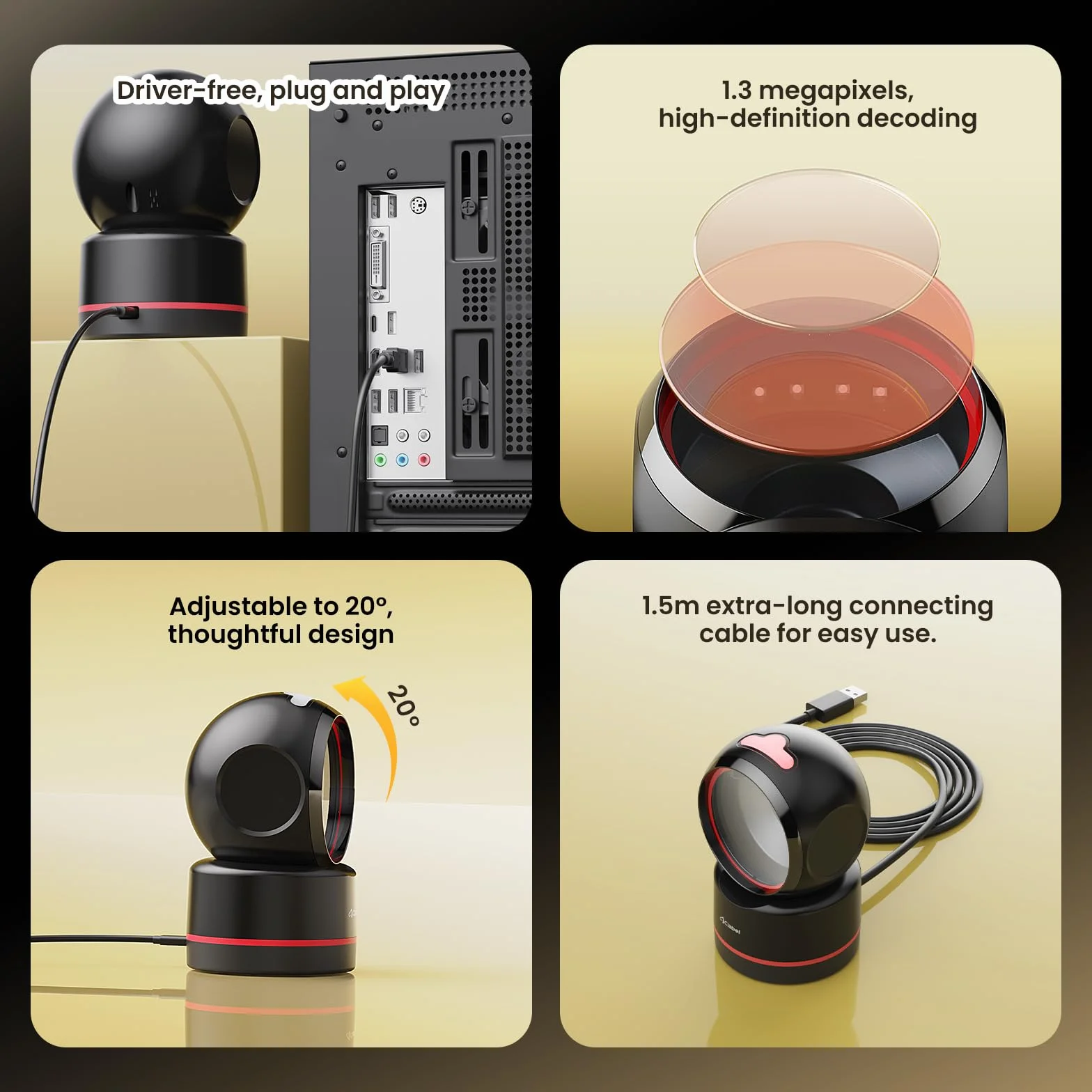 CLABEL T27H Scanner Codici a Barre Desktop Omnidirezionale: Lettore 1D 2D QR da Banco a Mani Libere, USB Cablato, Angolo Regolabile e Rilevamento Automatico per POS Negozio Pagamento Mobile