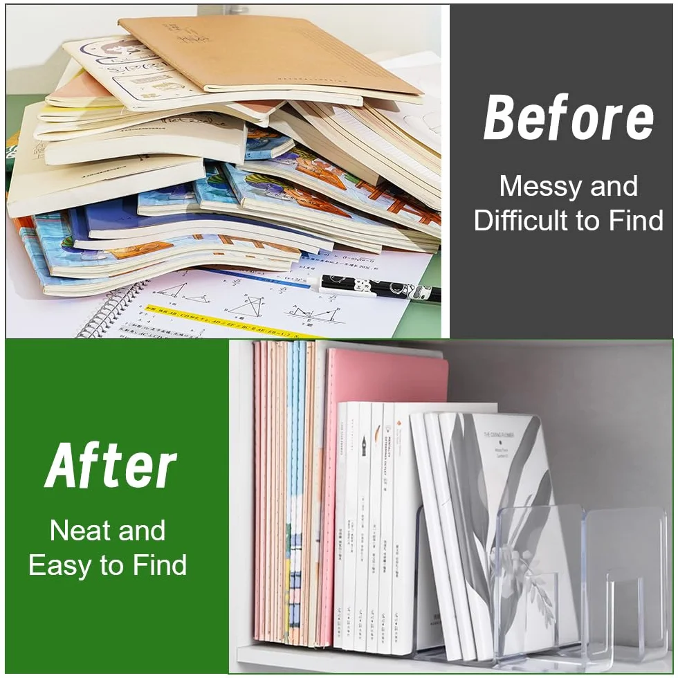 4Pezzi Portariviste in Trasparente, SHAIDOJIO Porta Libri da Scrivania in Acrilico-32cm, 4 Compartimenti Porta Libri, Fermalibri per Libreria per Libro Documenti Buste Borsa Bevande Soggiorno Ufficio