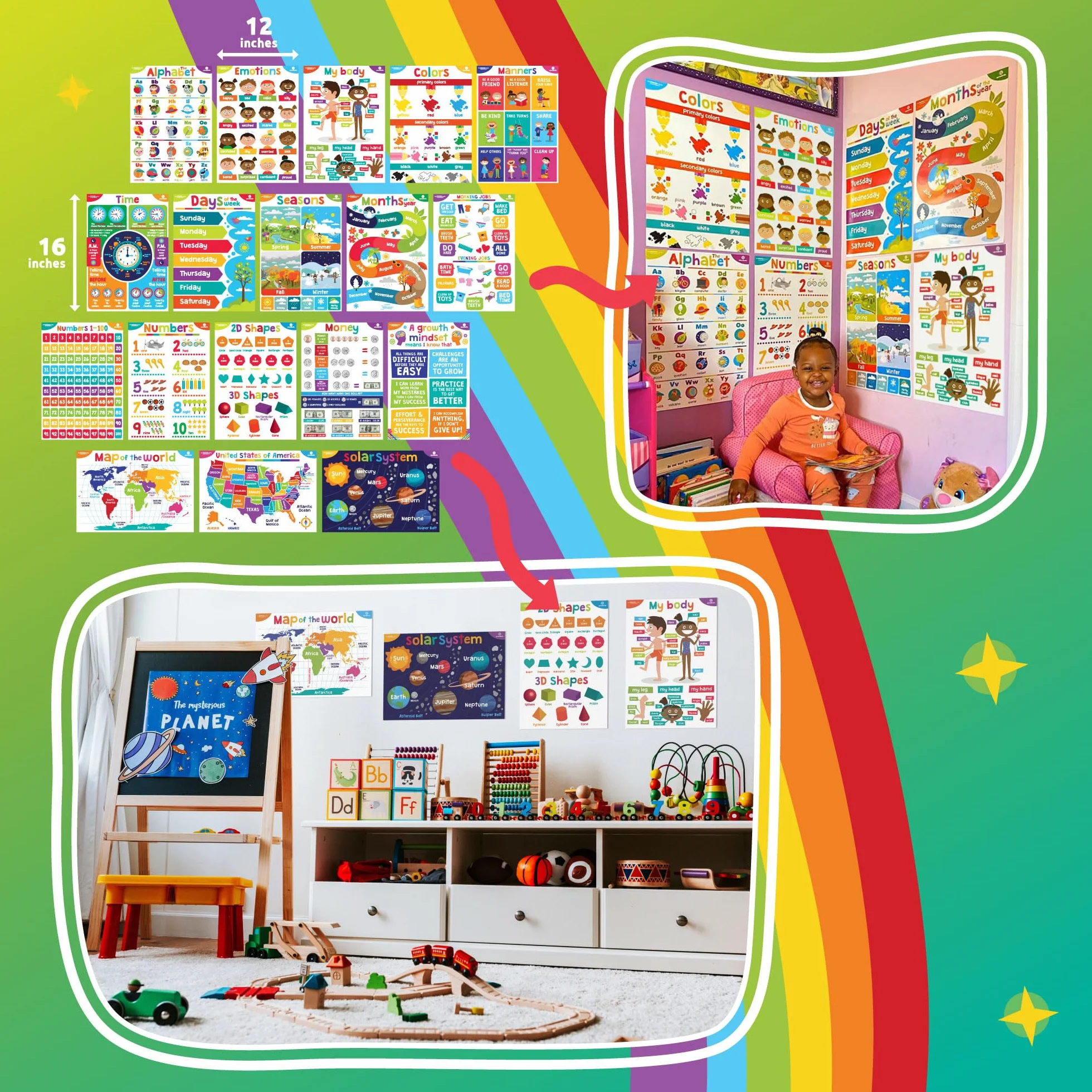 Sproutbrite 18 poster educativi per bambini, decorazioni per classe, materiali per la scuola materna, apprendimento prescolare