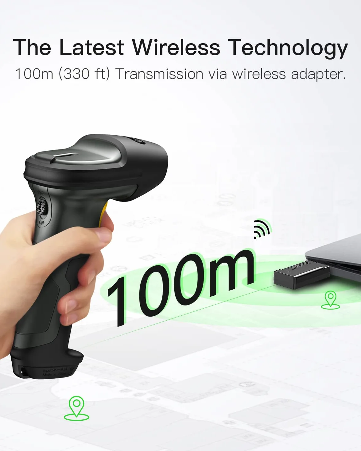 Inateck Lettore di codici a barre senza fili 1D, scanner Bluetooth wireless, portata trasmissione 100 m, legge codici su schermo, P7