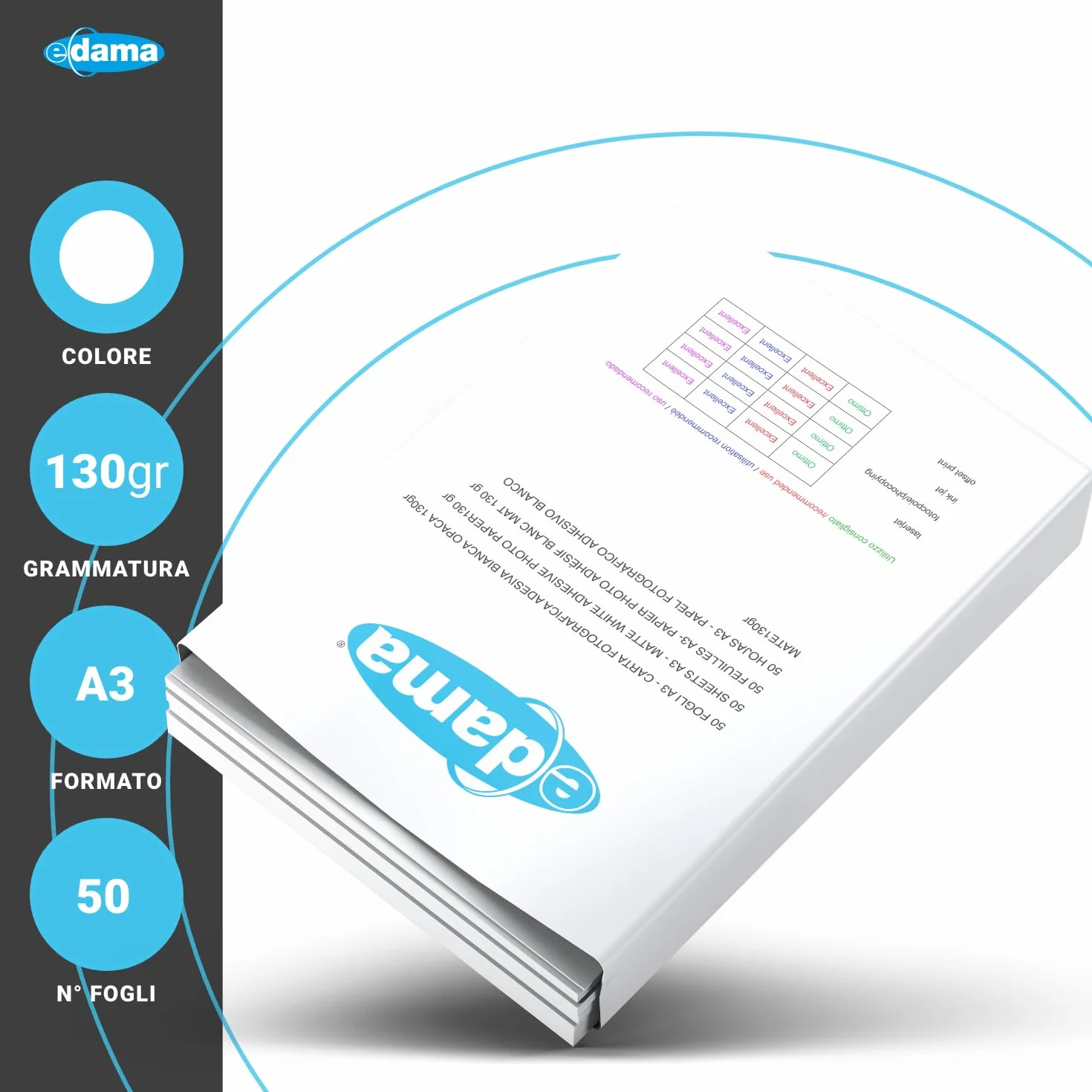 e-dama 50 Fogli Adesivi Stampabili A3 (297 x 420 mm), Carta Fotografica Adesiva Opaca per Stampa Inkjet, Bianco