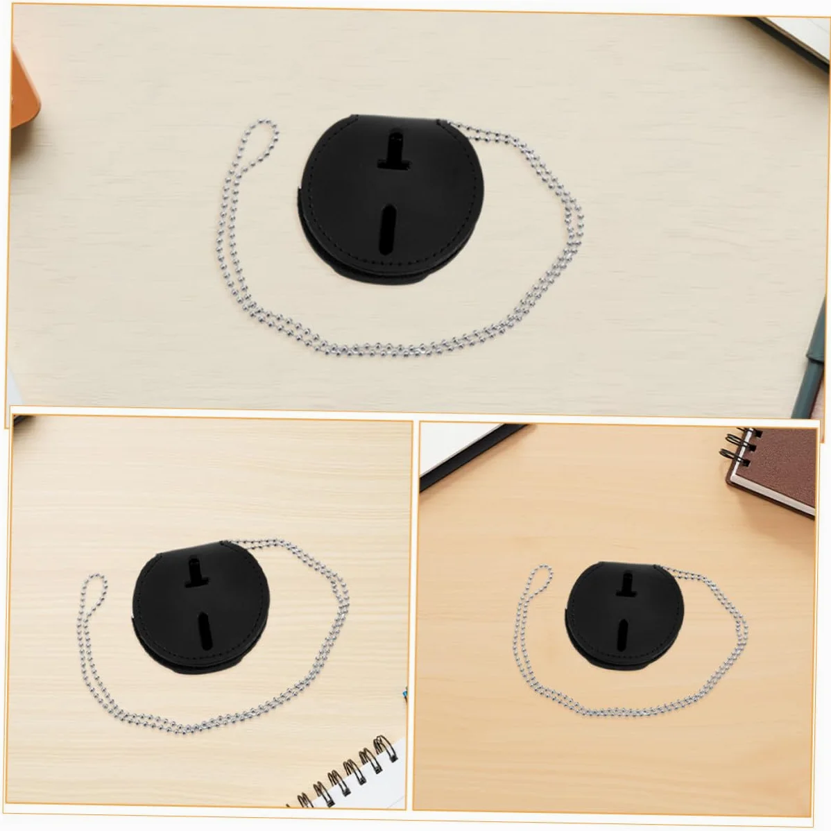 Porta Badge Circolare 7 Pezzi in Pu con Clip e Catena | Lega di Alluminio, Cordino da Collo Incluso, Nero, Uso Quotidiano e Eventi