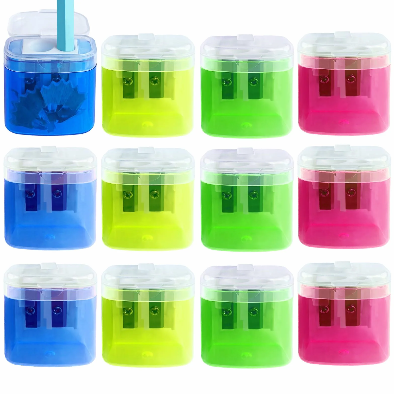 Temperino con Serbatoio 12 Pezzi Doppi Fori Temperamatite con Contenitore Coperchio per Matite Studenti Scuola (4 Colori)