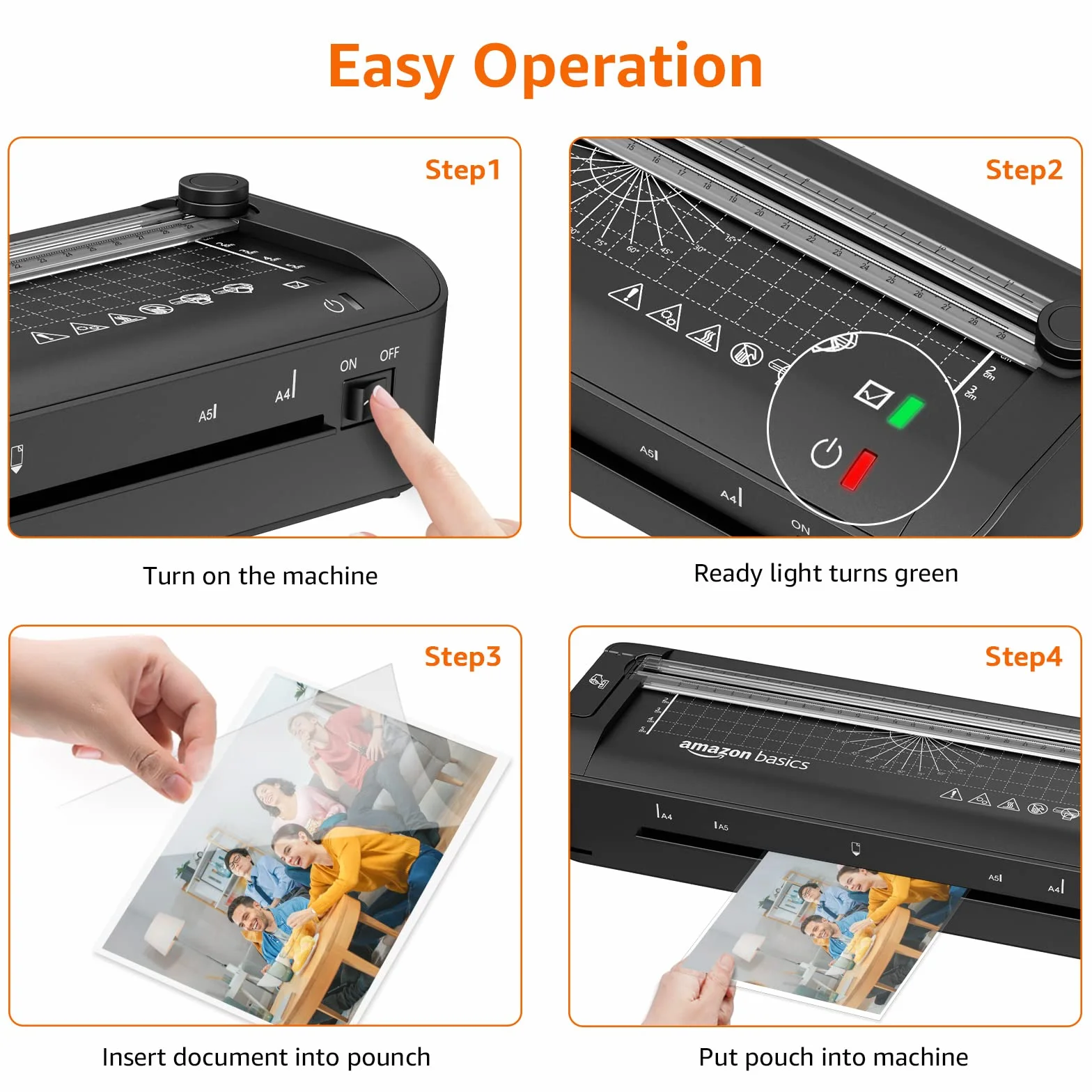 Amazon Basics Plastificatrice termica 3 in 1, formato A4, con funzioni di rifinitura, perforazione e smussamento degli angoli, con 10 pouches incluse, spina del EU, Nero