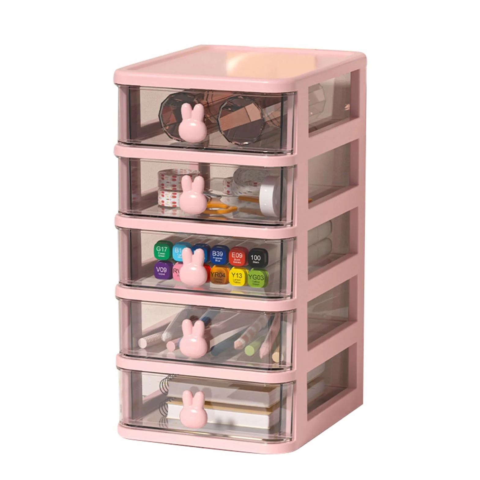 Scatola Portaoggetti da Scrivania in Plastica Trasparente 5 Tier Rosa Organizzatore per Trucchi Cassetti Piccoli Grande Capacità