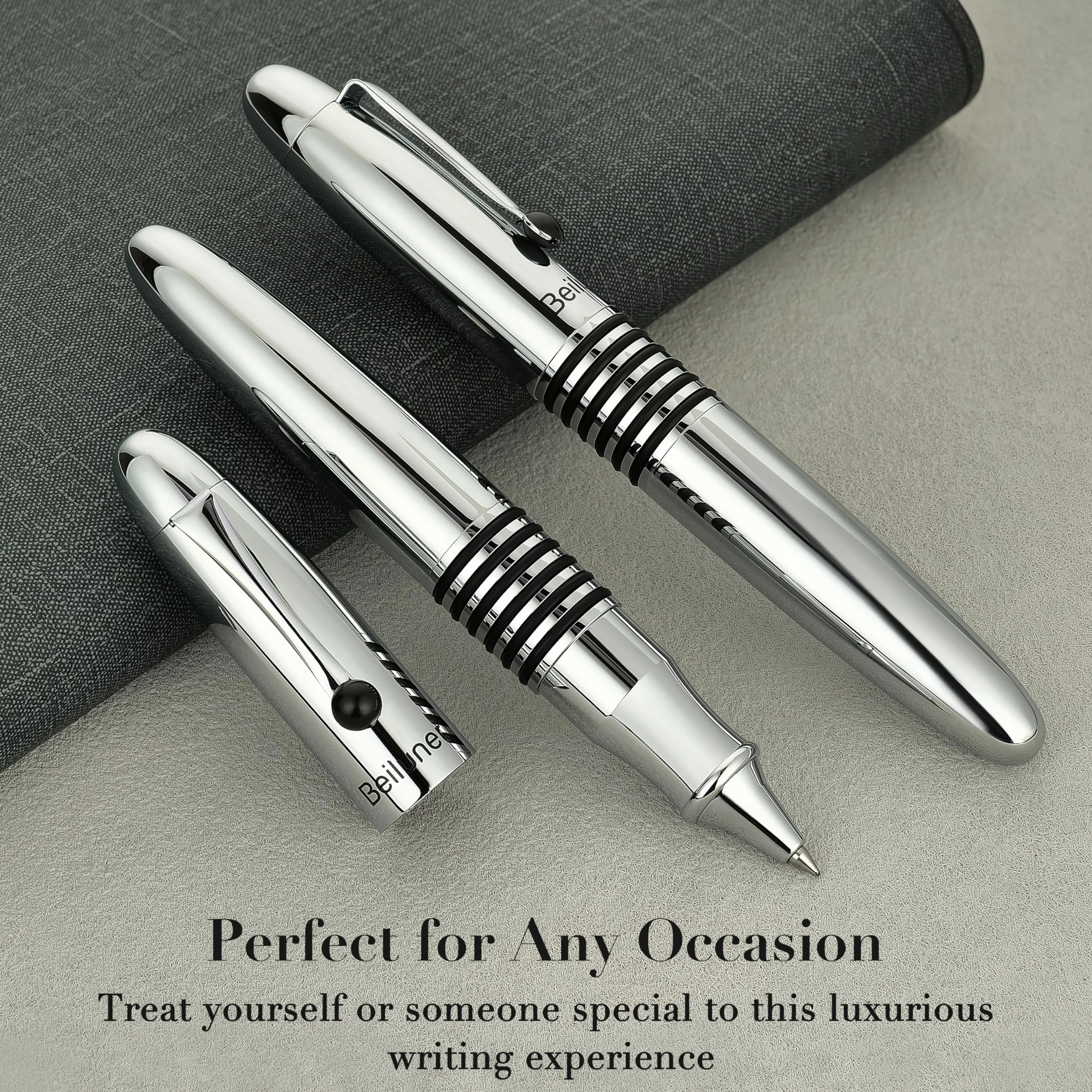 BEILUNER 320 Penna Rollerball di Lusso, Corpo in Metallo Cromato Lucido con Ricarica Schmidt, Set Regalo Dirigenziale EDC Peso Massimo per Uomo e Donna, Penna da Ufficio Professionale-Cromo Argentato