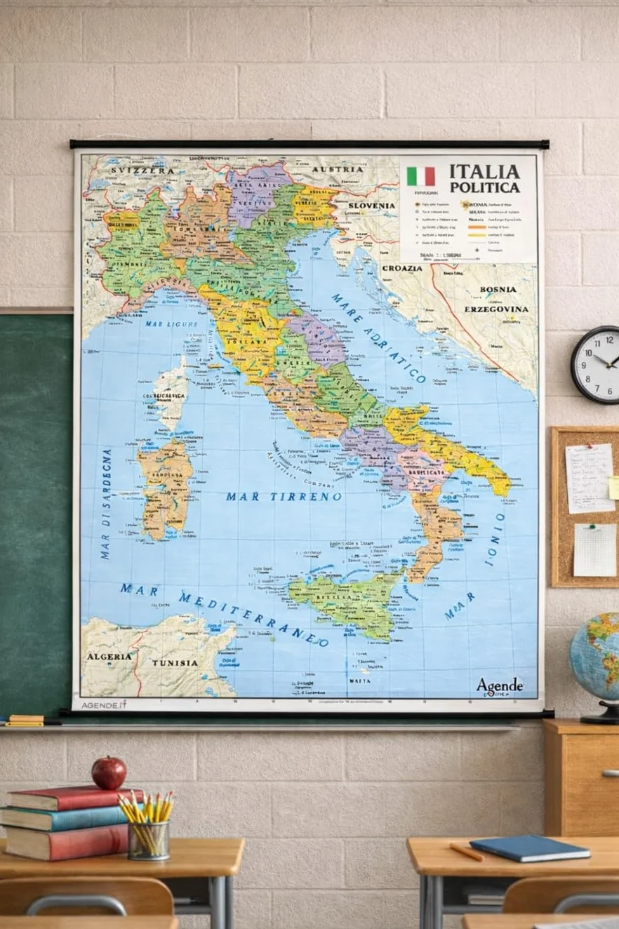 Carta Geografica Murale Italia Bifacciale Fisica Politica 100x140 cm Plastificata Scala 1:1.100.000