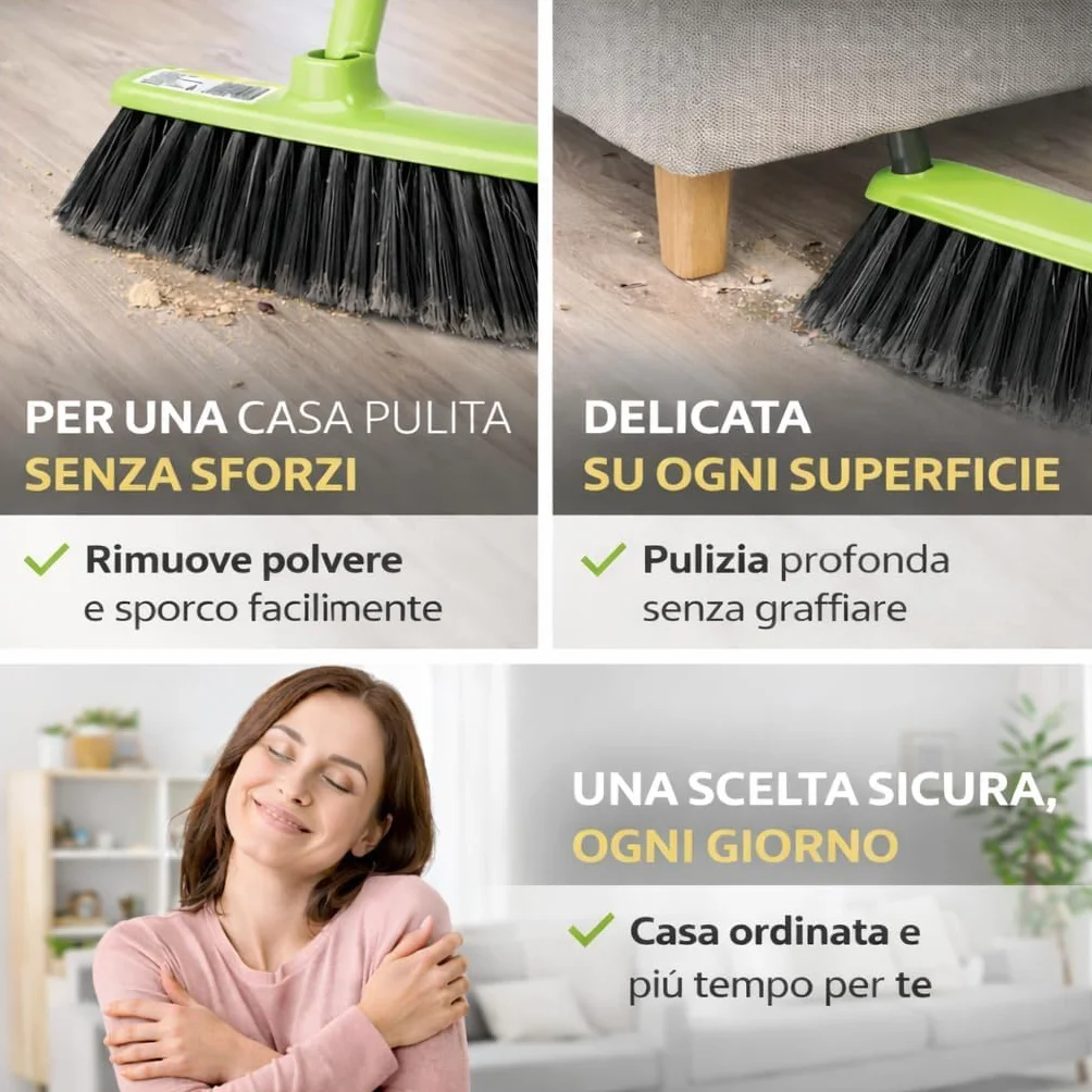 Scopa e Paletta con Manico Lungo 120 cm - Asta in Legno Filettato - Paletta Alzaimmondizia in Plastica - Setole Piumate per Pulizia