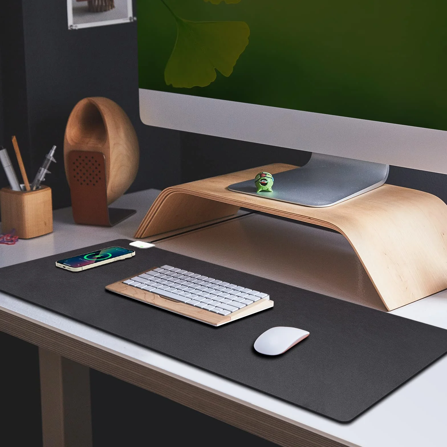 GORESE Sottomano Scrivania Ufficio in Pelle PU, Tappetino mouse con Ricarica Wireless 10W, Supporta Qi, Impermeabile, Nero 90x42CM