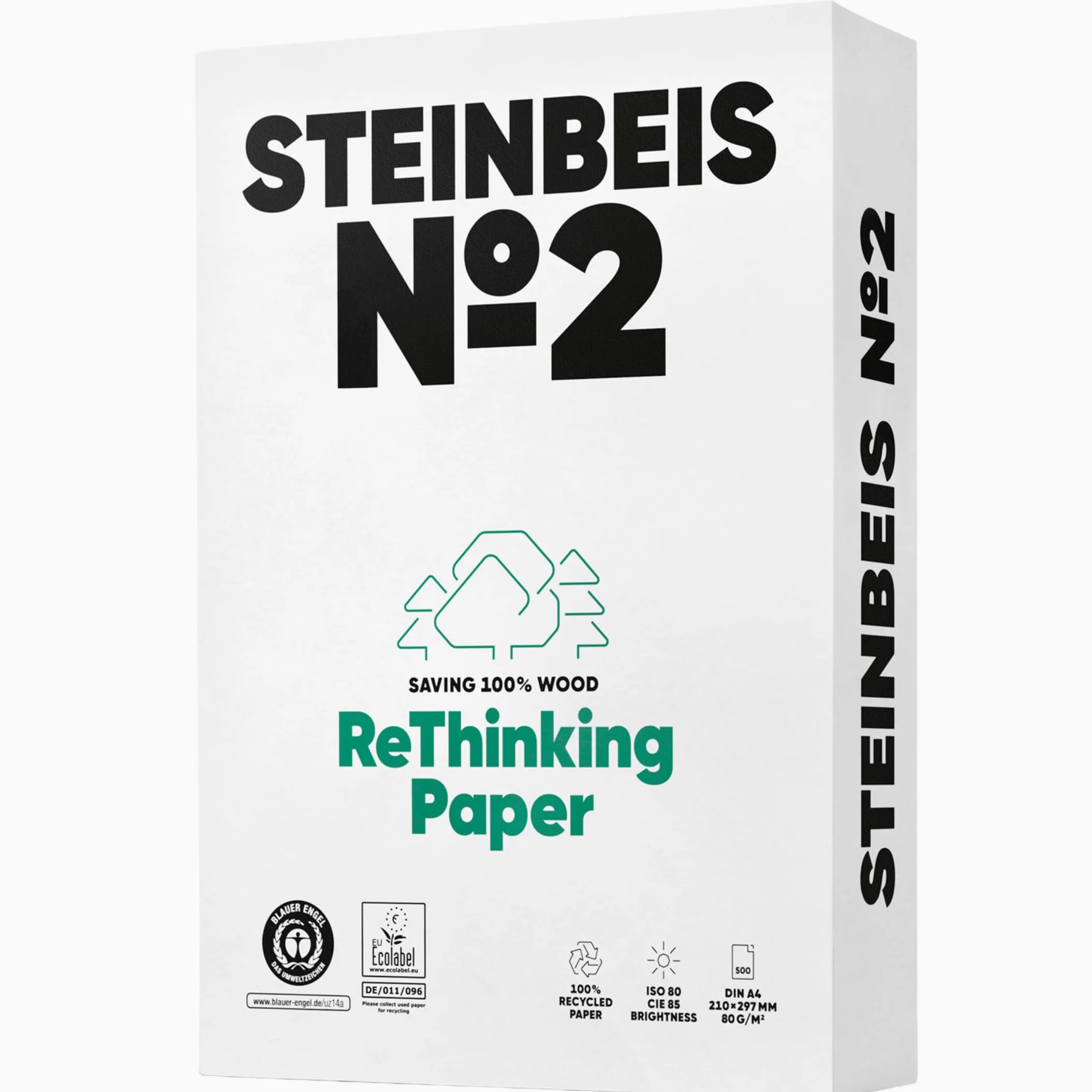 Steinbeis No. 2 fogli di carta riciclata, 2500 (5 x 500), formato DIN A4, 80 g/m², bianco e senza cloro, carta per fotocopiatrici di alta qualità ISO 80/CIE 85