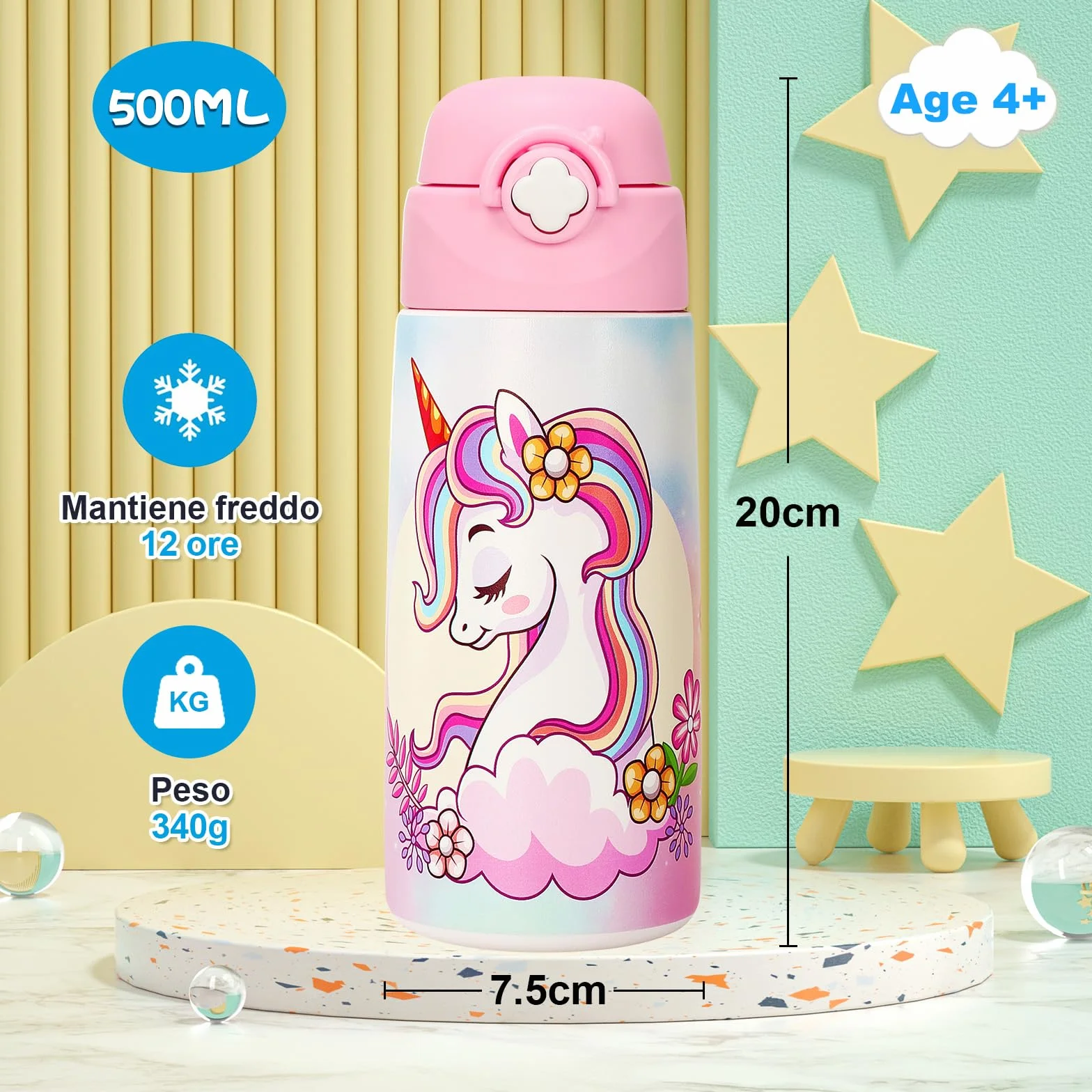 Borraccia Termica Bambini In Acciaio Inox 500 Ml Senza Bpa Bottiglia Acqua Con Cannuccia A Prova Di Perdite Unicorno