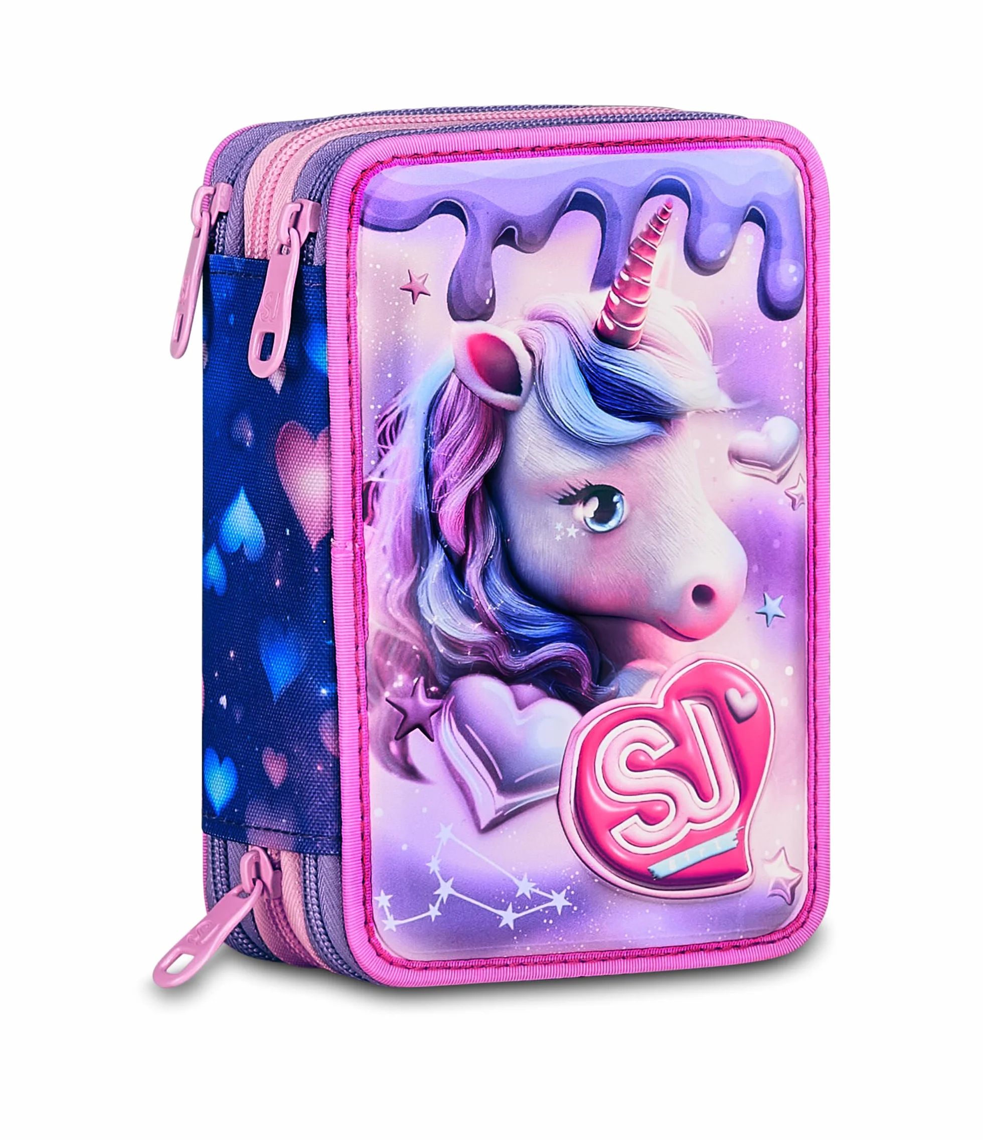 SJ GANG STYLE JAM GANG Astuccio Scuola 3 Zip 3D PIXIE UNICORN, Rosa, Triplo Scomparto, Scocca con unicorno in rilievo, Portapenne Attrezzato, 45 pezzi, Accessori Zaino, Scuola elementare, Bambina