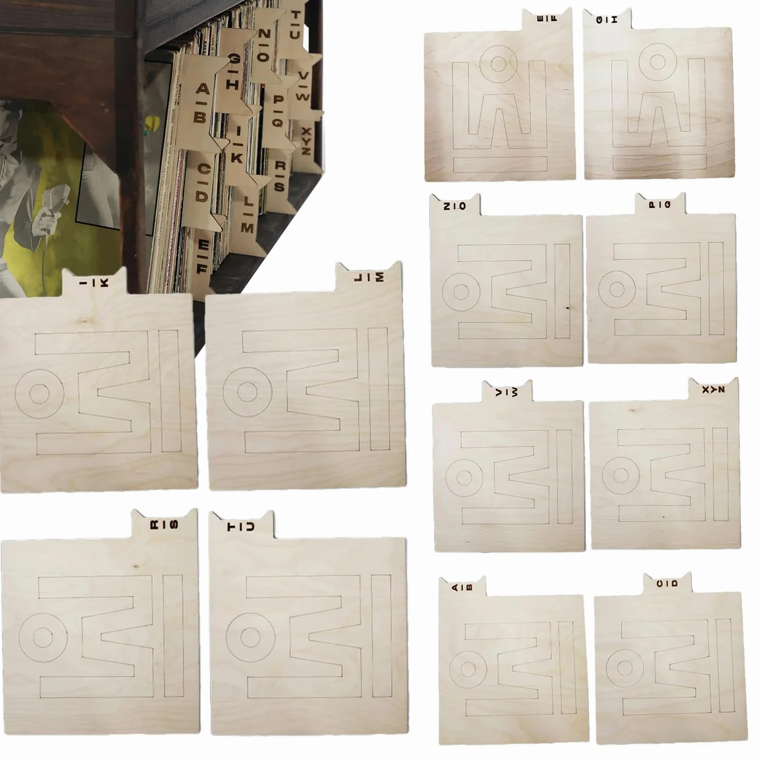 Divisori 'indice di Binder, separatore record di lettere alfabeti di | stoccaggio in legno | Allineamento verticale e orizzontale a faccia singola, 12 pezzi LP Dividers per libreria