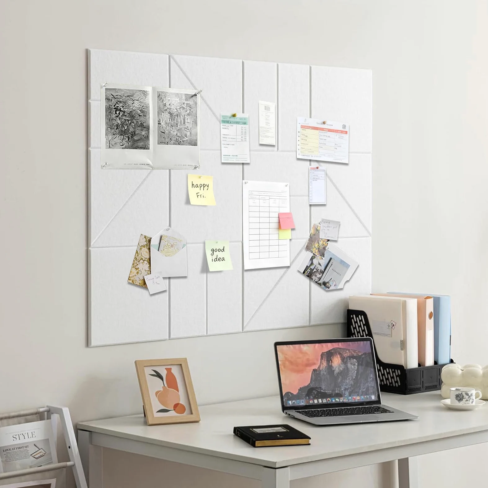 Bacheca decorativa in feltro, autoadesiva, 120 x 90 cm, in feltro, spessore 0,9 cm, pieghevole, per ufficio, cucina, grigio cemento