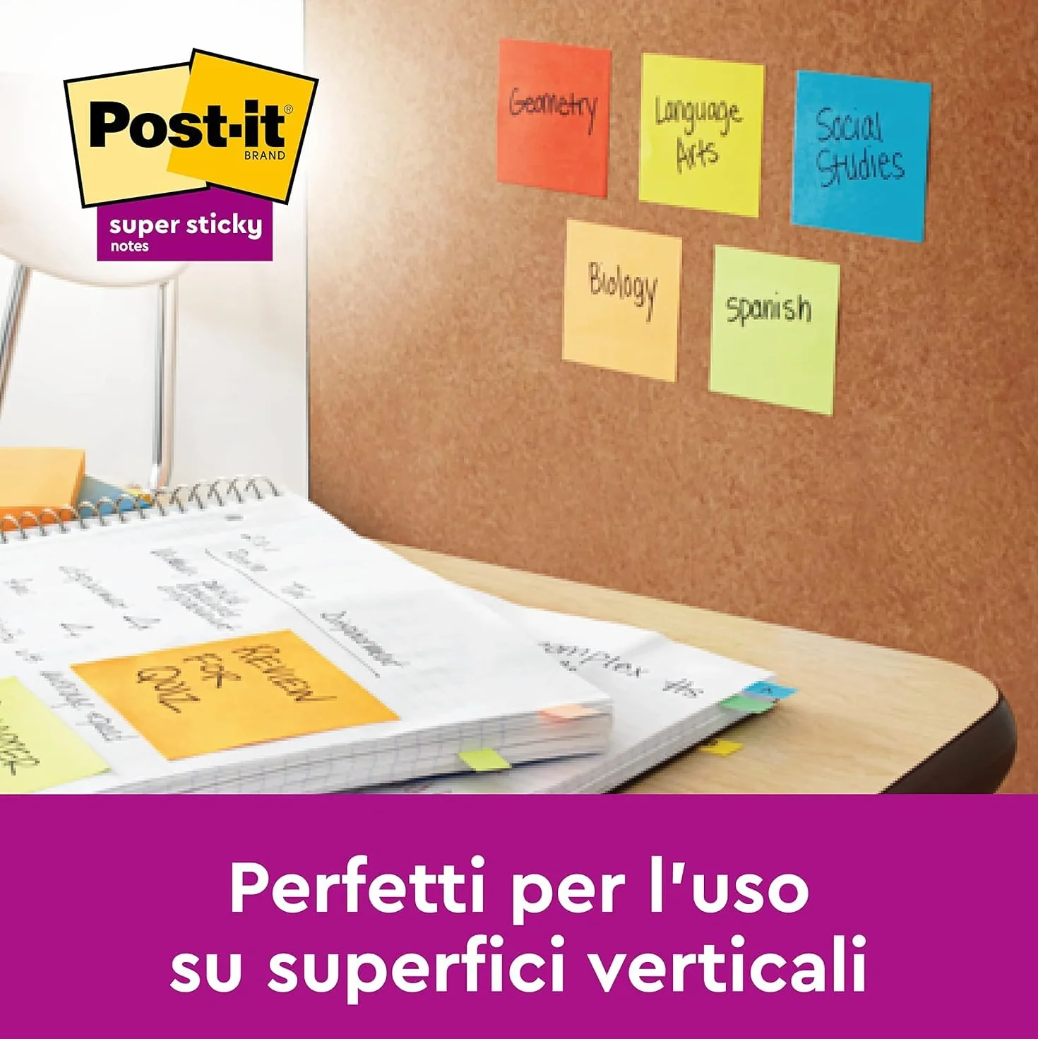 Post-it Super Sticky Foglietti Playful, 12 blocchetti 90 fogli, 47,6 mm x 47,6 mm, Rosso, Arancio, Giallo, Verde, Azzurro, Viola