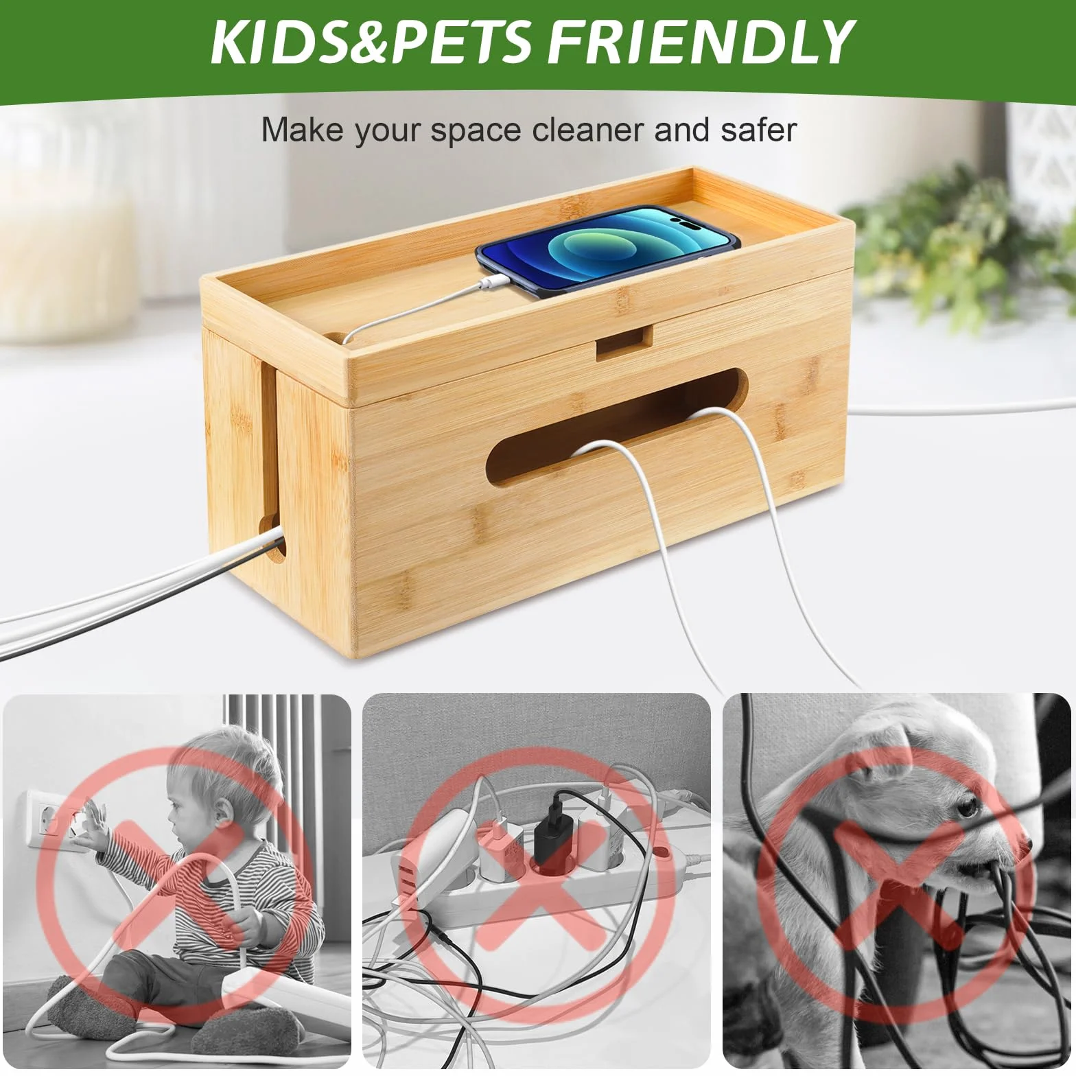 Lannvan Scatola Portacavi - Scatola Nascondi Cavi in Bamboo 33,5 x 13,5 x 13,5 cm - Raccogli Cavi - Grande Scatola Cavi per Organizzare Cavi per USB e Multipresa