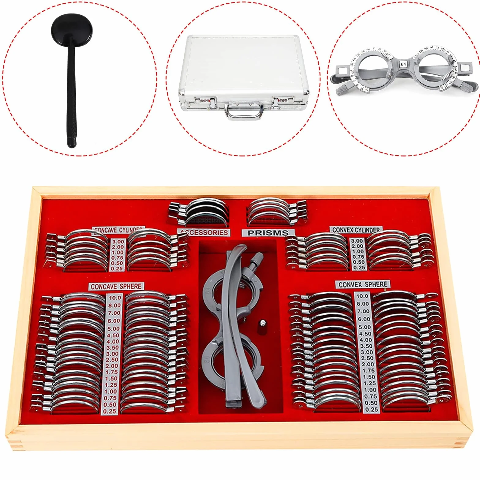 Trial Lens - Set di lenti di prova, 104 pezzi, lenti con occhiali di prova, in metallo, ottometria, lenti di prova, lenti ottiche, con telaio ottometrico e valigetta ottometrica
