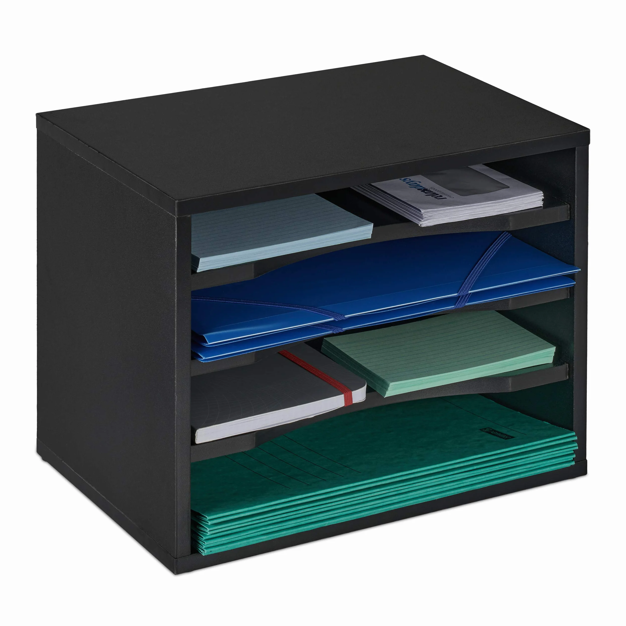 Relaxdays Portaoggetti Scrivania Portadocumenti, 4 Scomparti A4, Organizer per Lettere & Documenti, 28x35,5x25 cm, Nero