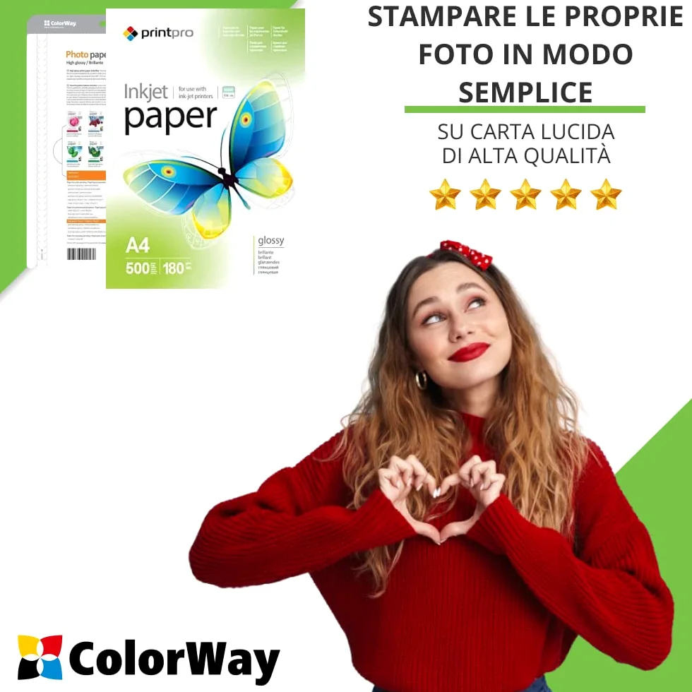 Carta fotografica PrintPro di COLORWAY ad alta lucentezza DIN A4 180g/m² 500 fogli Asciugatura istantanea Impermeabile per tutte le stampanti a getto d'inchiostro