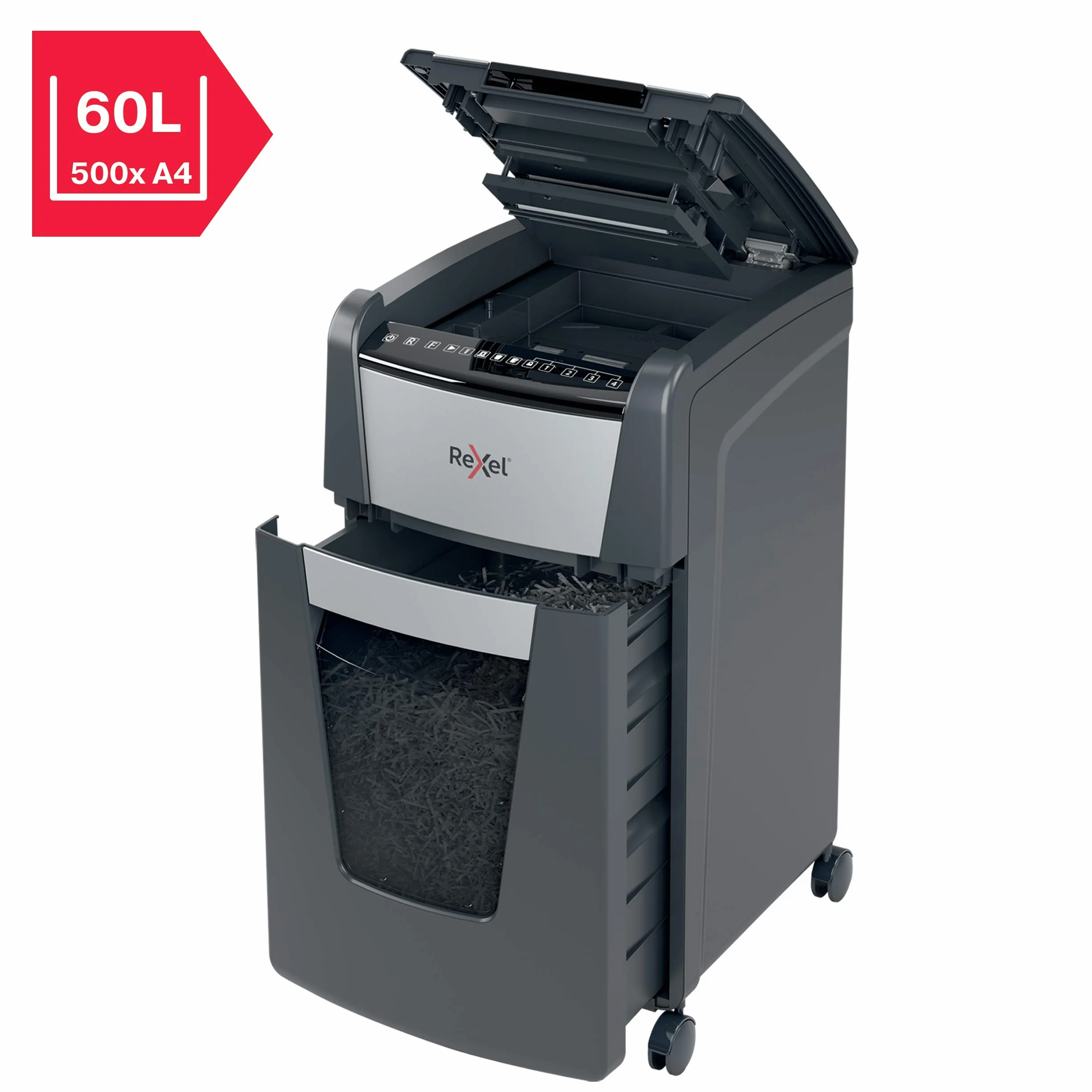 REXEL Optimum Auto Feed+ 300X, Distruggi documenti Automatico, 300-330 Fogli (80-70 gr-mq), Taglio a Frammento, Livello di Sicurezza P-4, per l?Ufficio, Capacit? 60 Litri, con Ruote, 2020300XEU