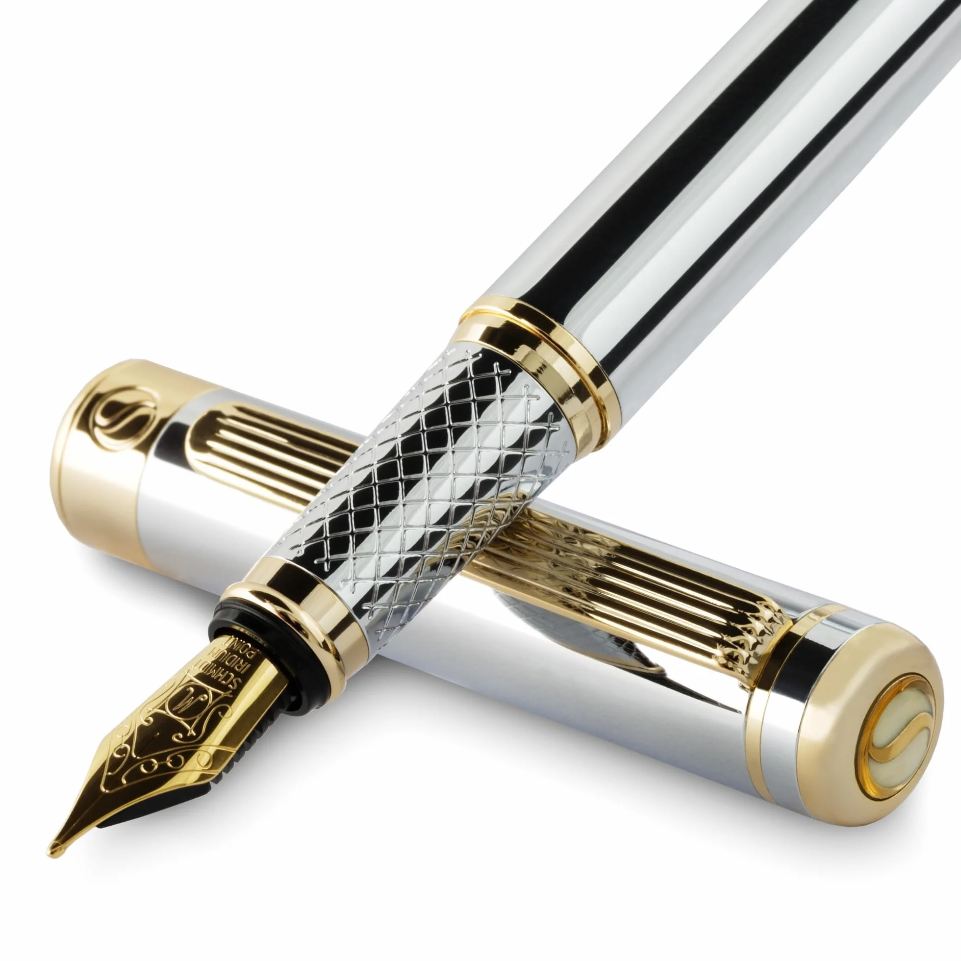 Scriveiner Penna stilografica qualità premium con finitura in Placcato in Vero Oro, Penninoi medio, argento cromato