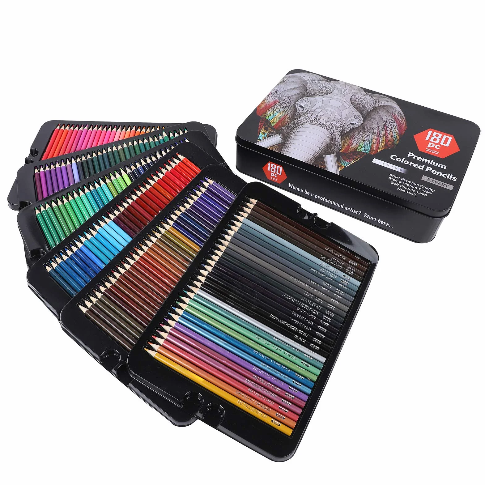 Set di 180 Matite Colorate per Adulti, Matite Professionali per Disegno e Schizzo, con Scatola di Ferro per Colorare