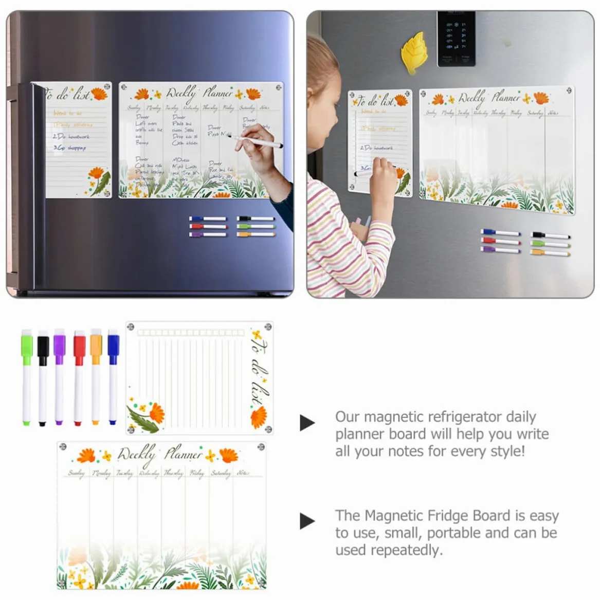 SOLUSTRE Lavagna Magnetica da Frigo in Acrilico Trasparente, Planner Mensile Riutilizzabile e Portatile per Promemoria e Condivisione Orari, Set 8 Pezzi Formato A3+a4