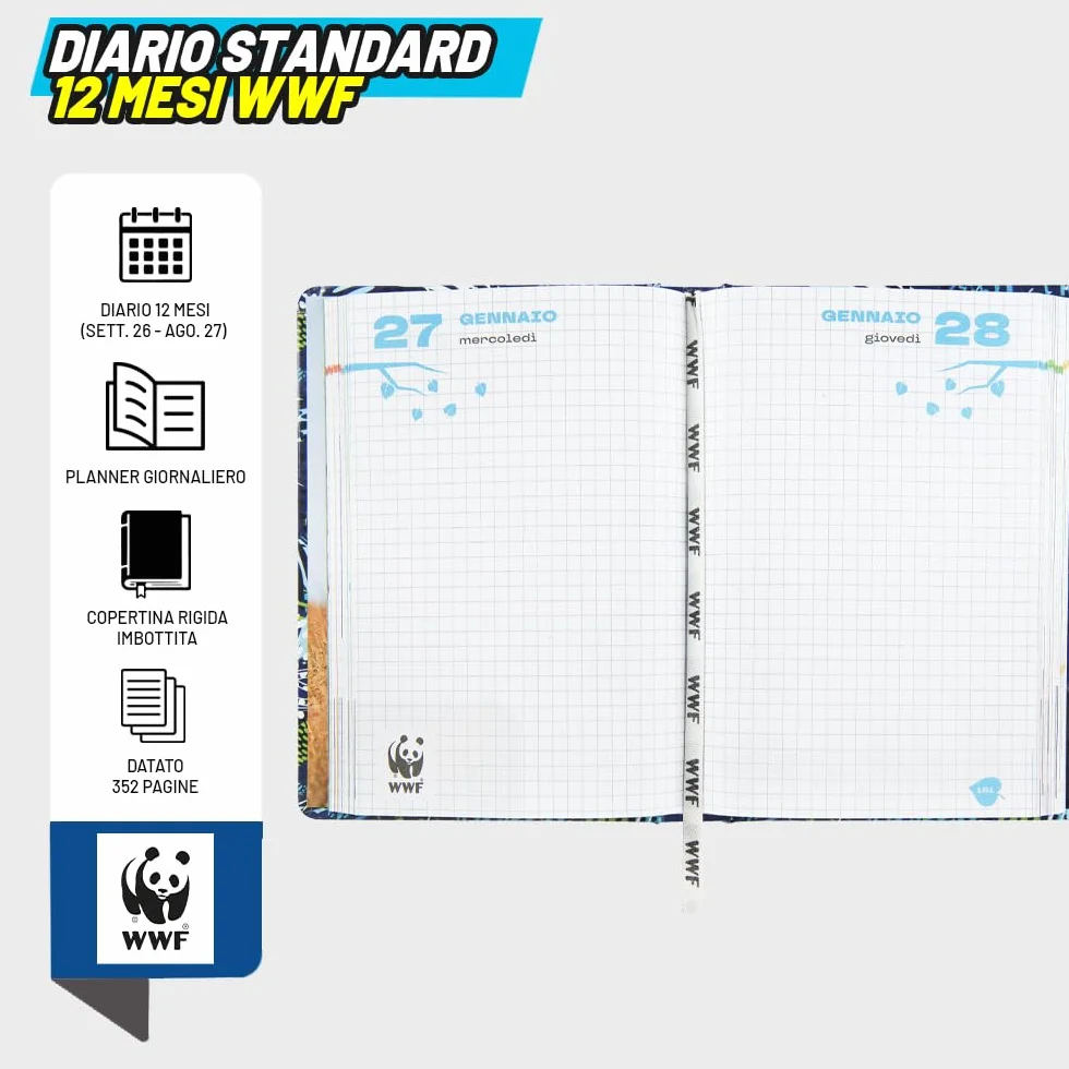WWF Diario Scuola 2026-2027 Ufficiale, Diario Scolastico Copertina Rigida 352 Pagine 13 x 17,8 cm