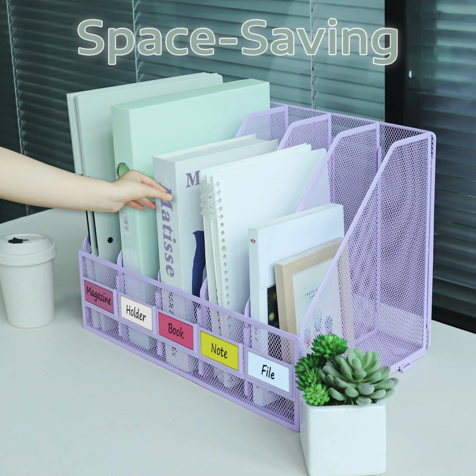 Libreria pieghevole A4, 5 scomparti verticali, porta riviste, portadocumenti, organizer da scrivania per ufficio, scuola e casa, viola