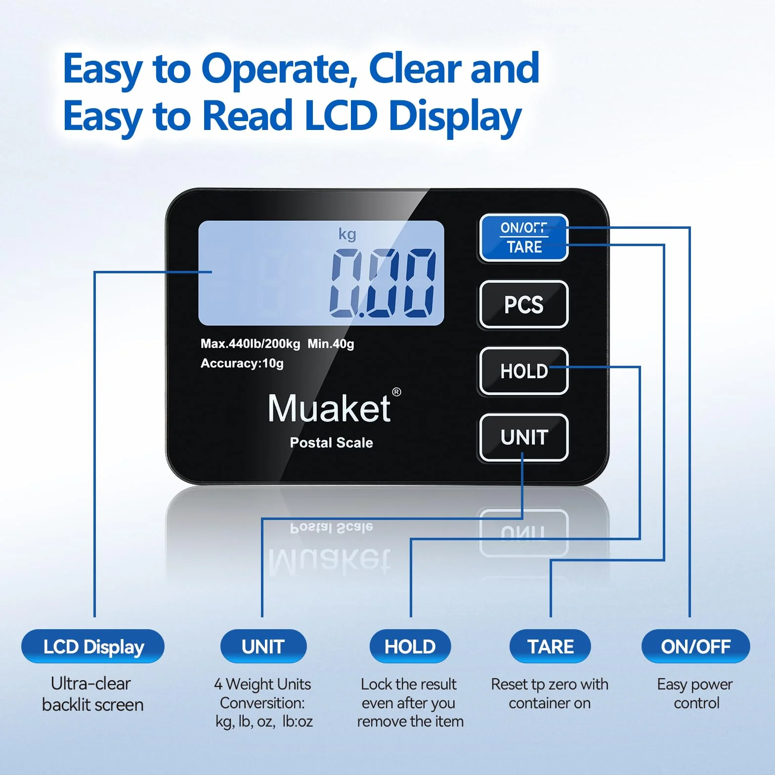 200kg/10g Bilancia Pesa Pacchi Digitale con Funzione di Mantenimento e Tara | Bilancia Postale con Batterie e Cavo di Ricarica, Bilancia Pacchi con Display LCD, 4 Unità per Magazzini, Bagagli e Magazzini