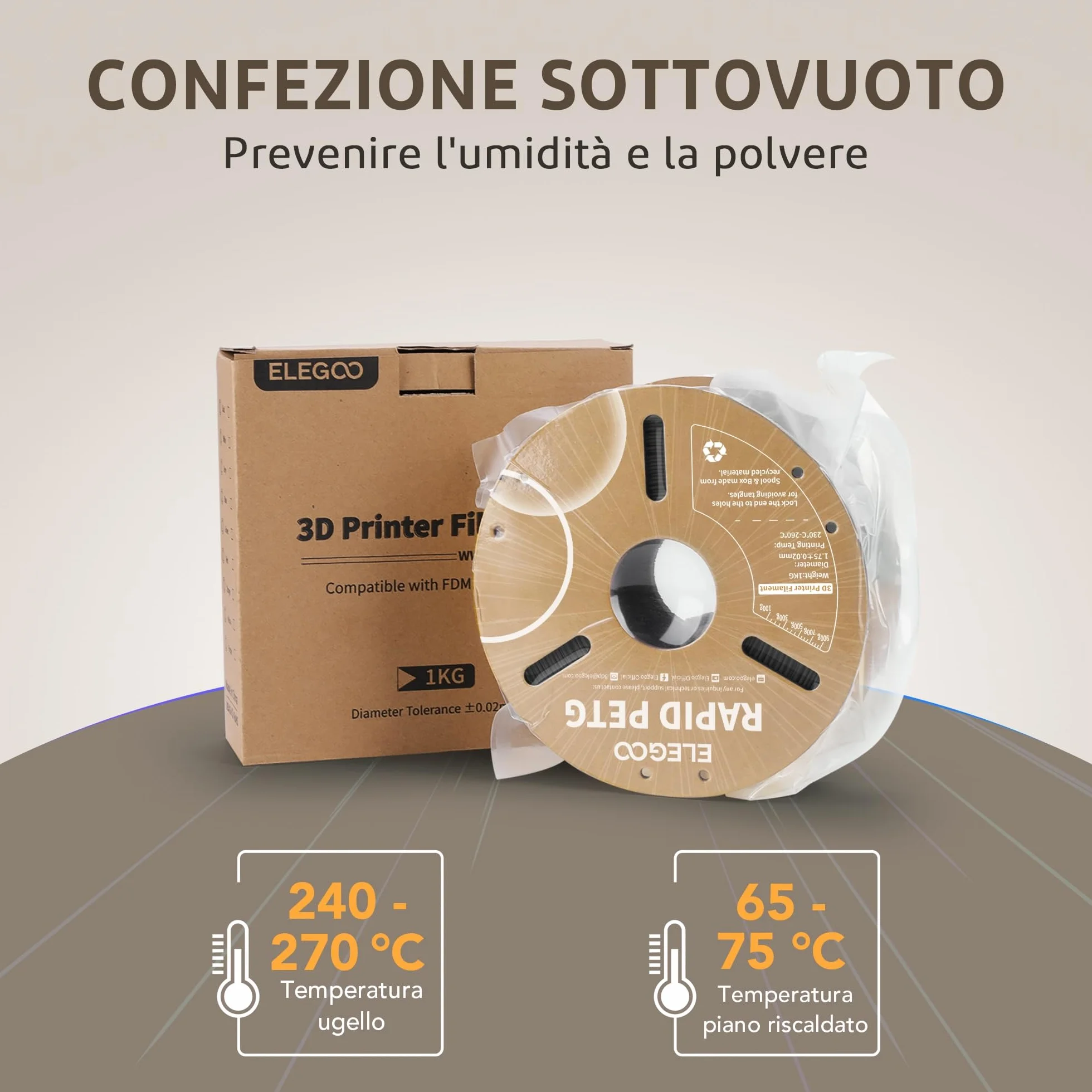 ELEGOO Rapido Filamento PETG 1,75 mm 1 kg Alta Velocità 30-600 mm/s per Stampante 3D FDM Nero