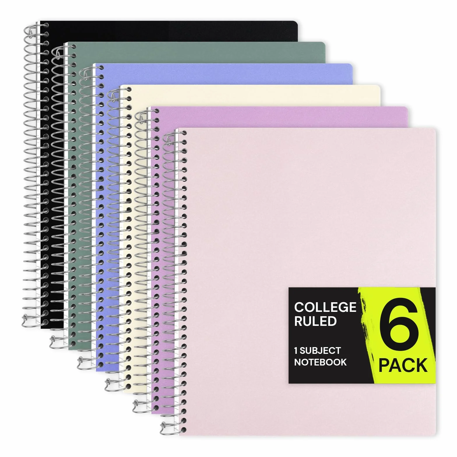 ONAVIA Quaderno a spirale, 1 soggetto, confezione da 6, a righe, 22,9 x 27,9 cm, 100 fogli ciascuno, copertina in polipropilene, quaderni scolastici per studio, compiti, preparazione dei test, colori