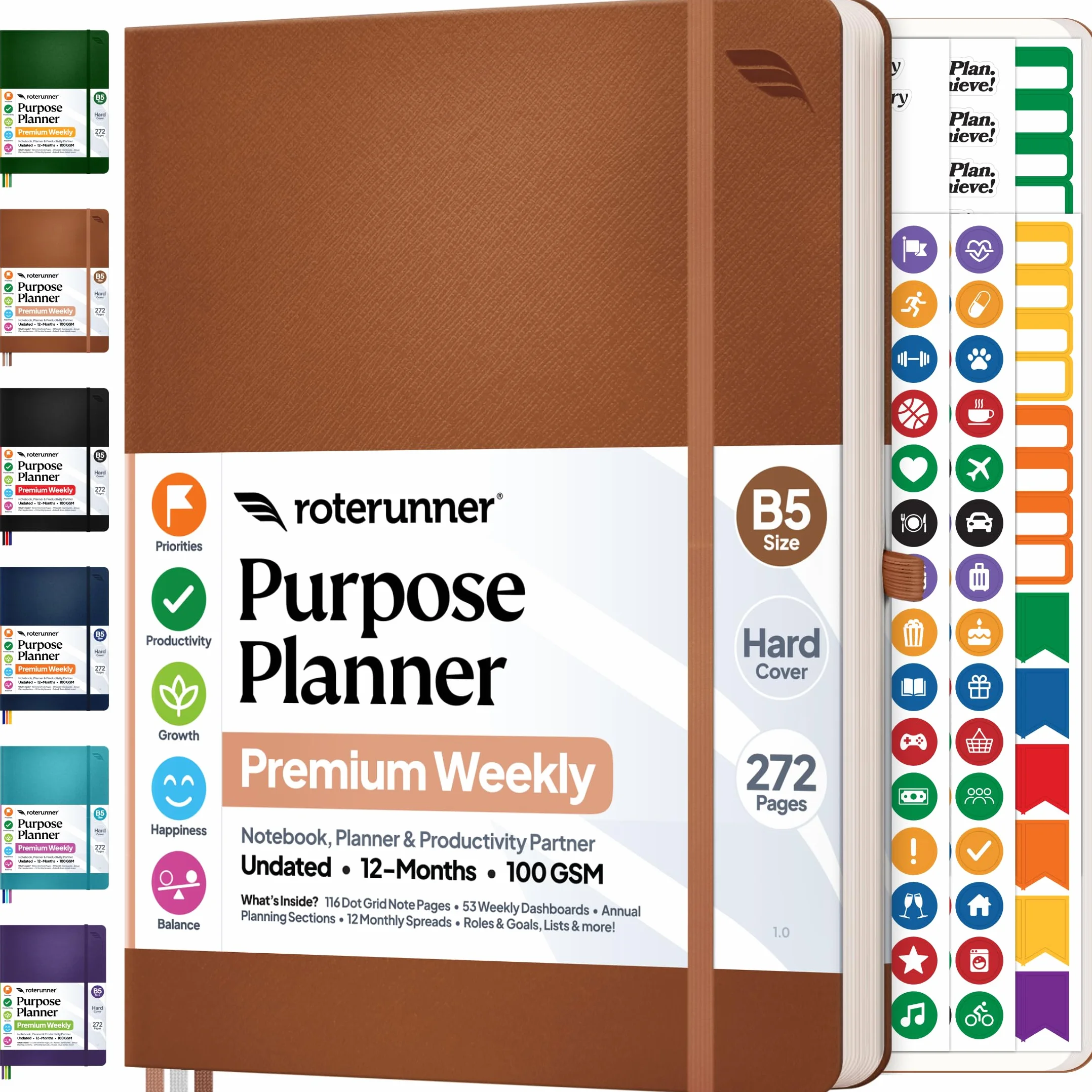 Roterunner Agenda B5, 19 x 24,9 cm, 12 mesi, non datata, 2026, giornaliera, settimanale e mensile, strumento per la definizione degli obiettivi di produttività, per lavoro, casa, ADHD, per adulti