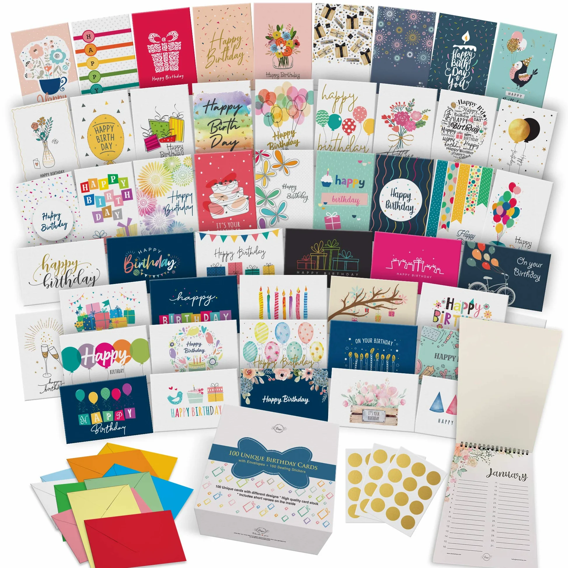 Dessie 100 biglietti di auguri di compleanno unici con auguri all'interno per aziende e individui. 100 buste di colori assortiti sigilli dorati calendario di compleanno in robusta scatola portaoggetti