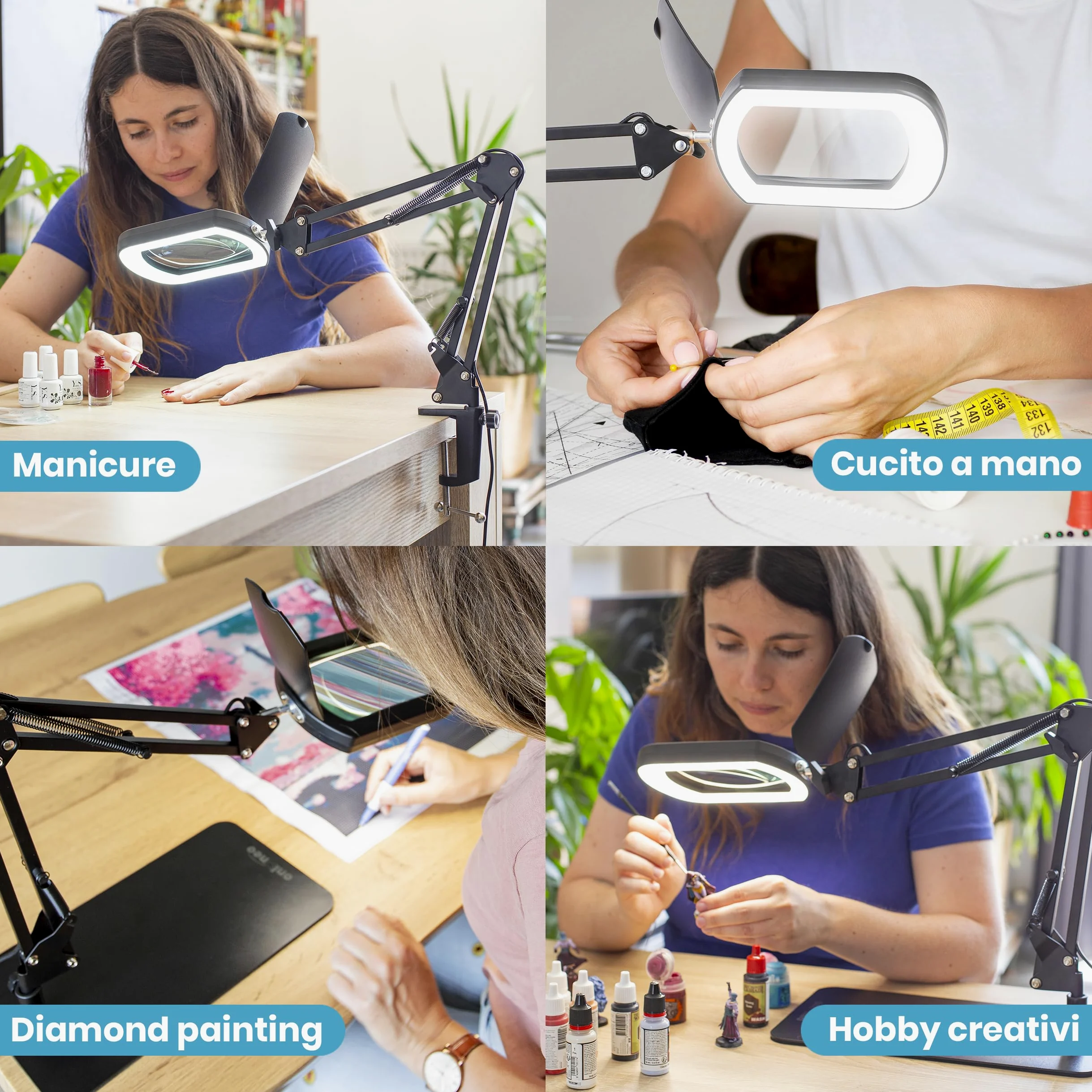 Lampada con Lente Ingrandimento 10X LED Rettangolare Morsetto Base | In vero vetro ottico e robusta struttura in metallo. Per modellismo, lettura, ricamo, estetista, pittura miniature e cucito.