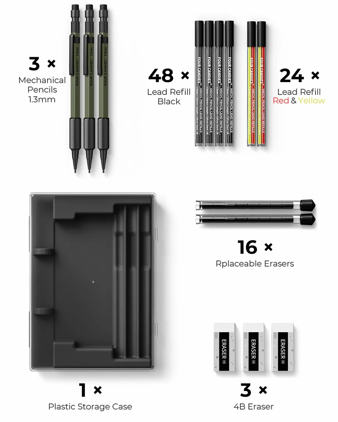 Four Candies 3 matite meccaniche 1,3 mm con custodia, matite da falegname in metallo, 48 ricariche, 3 gomme, 12 ricariche per gomma