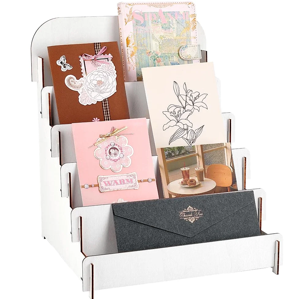 PH PandaHall 5 Tier Espositore per Carte Portacarte in Legno Bianco Espositore per Carte Multiuso per Biglietti D'Auguri Eventi di Vendita Al Dettaglio di Venditori di Vetrine, 30x30x36cm