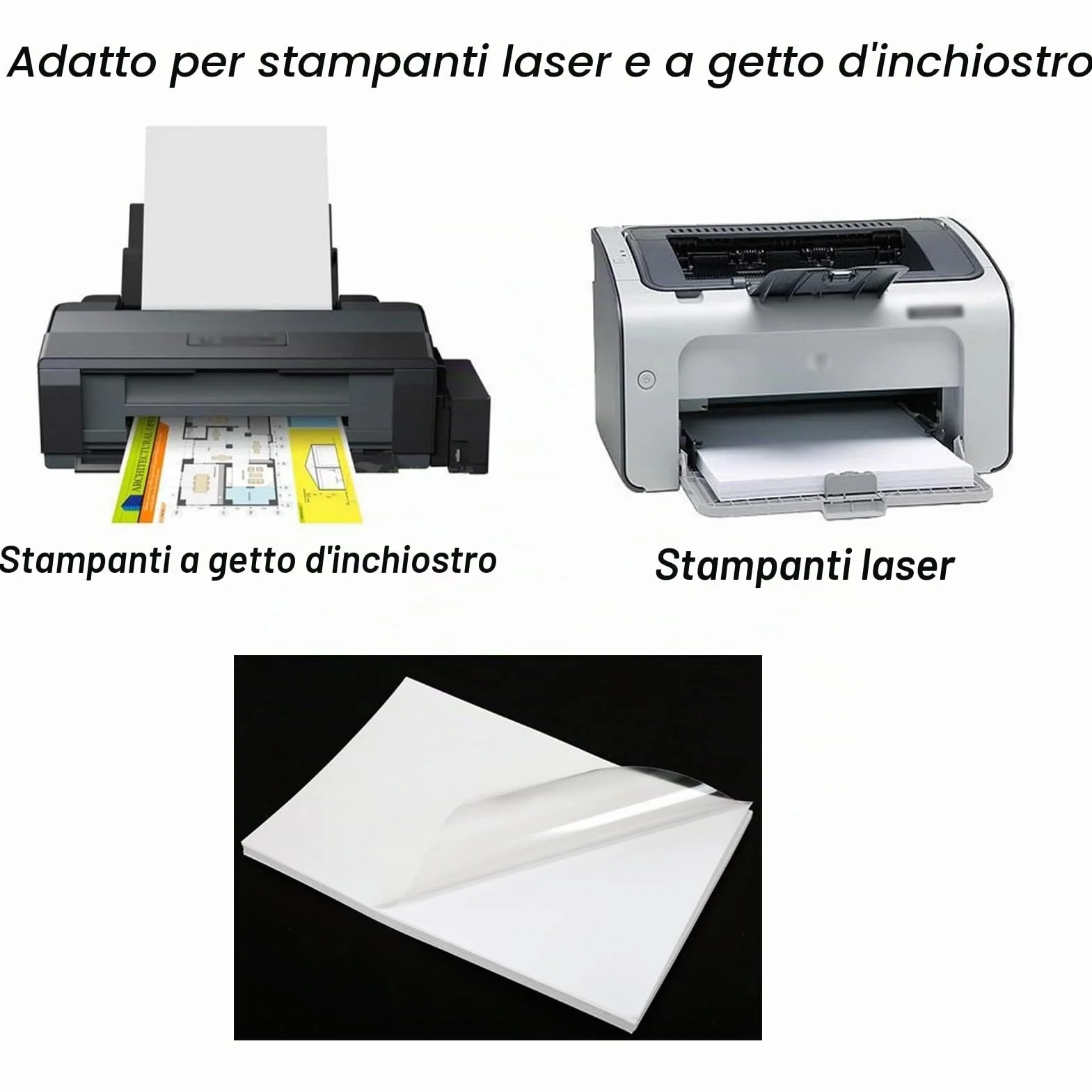 Pellicola adesiva in vinile trasparente impermeabile 25 fogli per stampanti laser e getto d'inchiostro