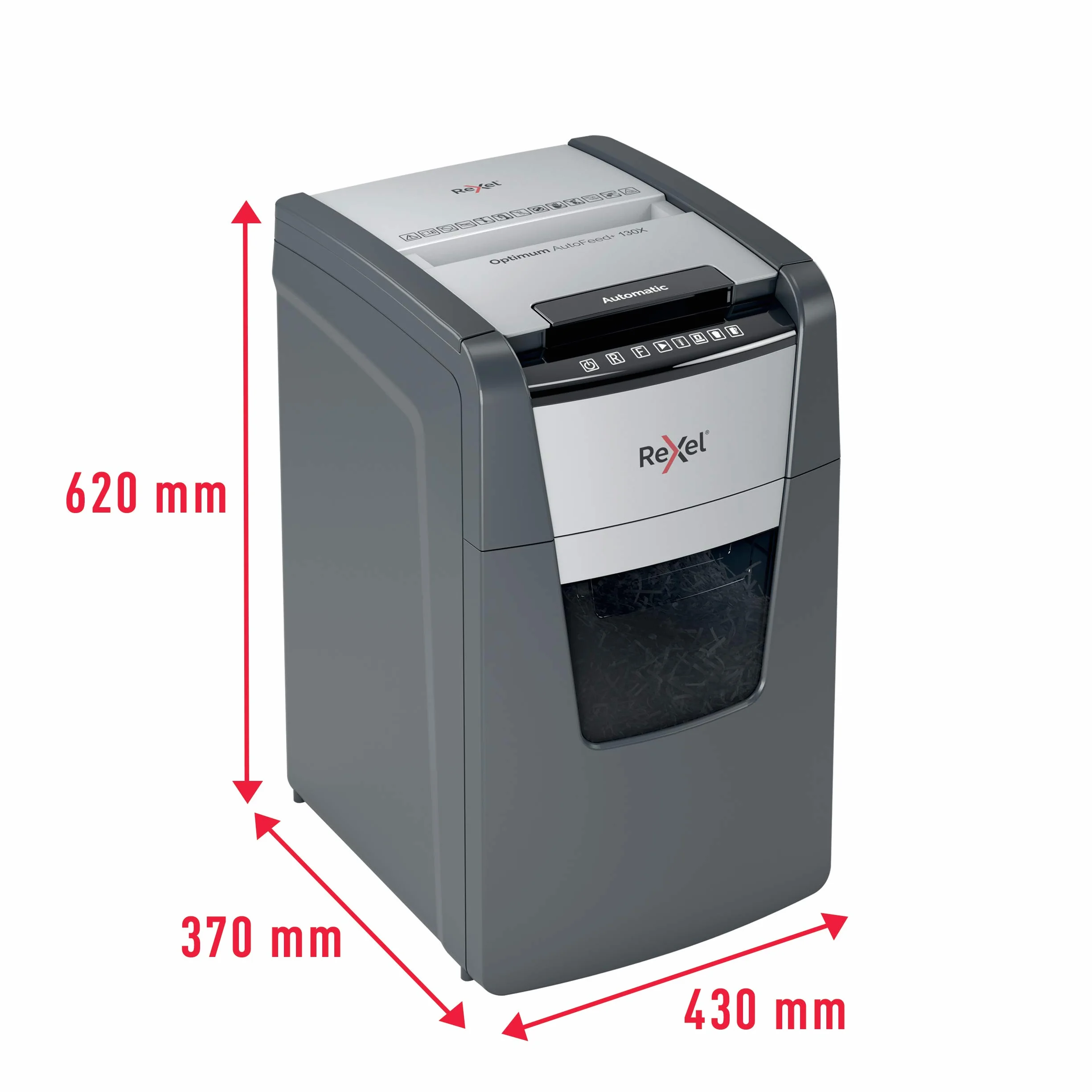 REXEL Optimum Auto Feed+ 130X, Distruggidocumenti Automatico, 130-150 Fogli (80-70 gr/mq), Taglio a Frammento, Livello di Sicurezza P-4, per Piccoli Uffici, Capacità 44 Litri, 2020130XEU