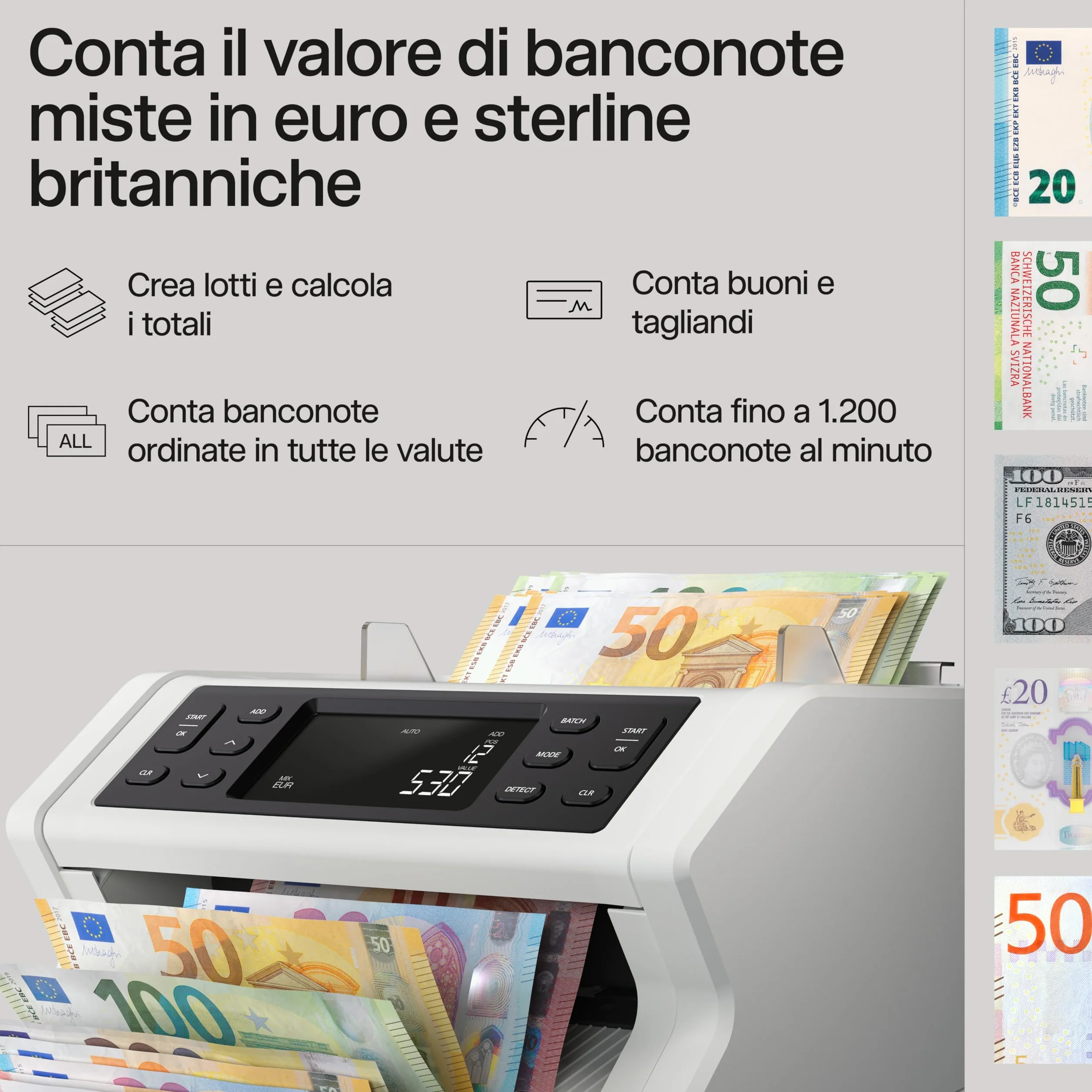 Safescan 2265 contabanconote che conta il valore di sterline inglesi e euro miste - Contabanconote con verifica banconote a 5 punti - Contabanconote per banconote ordinate e per tutte le banconote