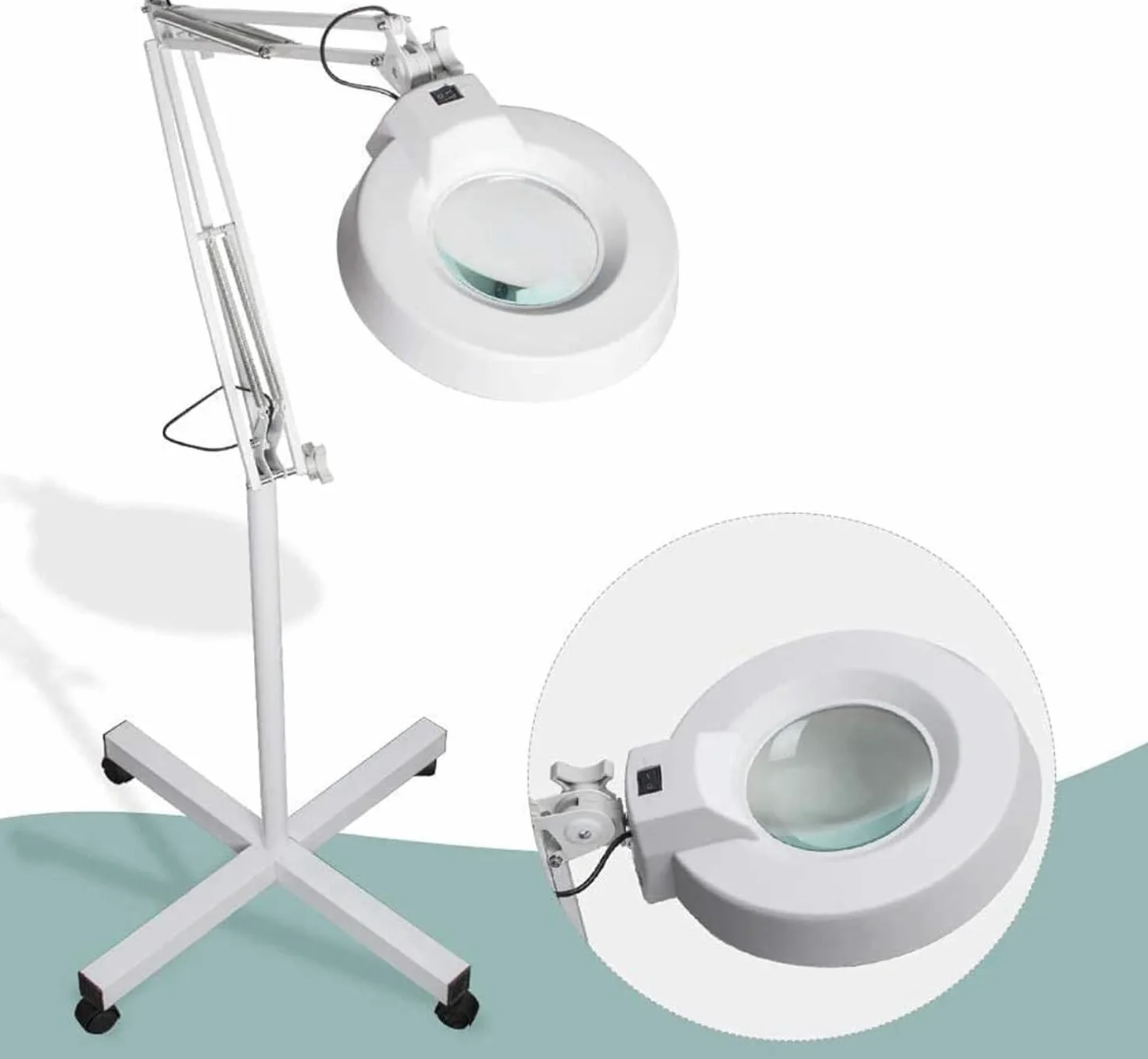 Lampada da Terra con Lente d;ingrandimento, Luce LED, Design Pieghevole e Ruote girevoli per lavori di Bellezza e Dettagli Professionali