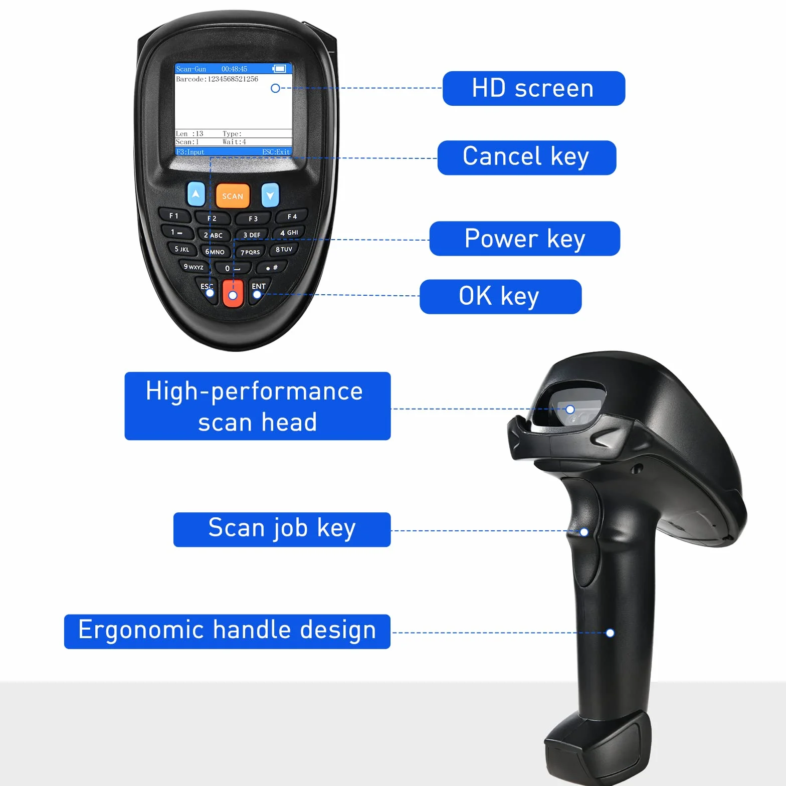 Lettore di codici a barre portatile 1D 2D PDF scanner di inventario dati Lettore di codici a barre portatile con schermo LCD da 2,2 pollici e stazione di ricarica