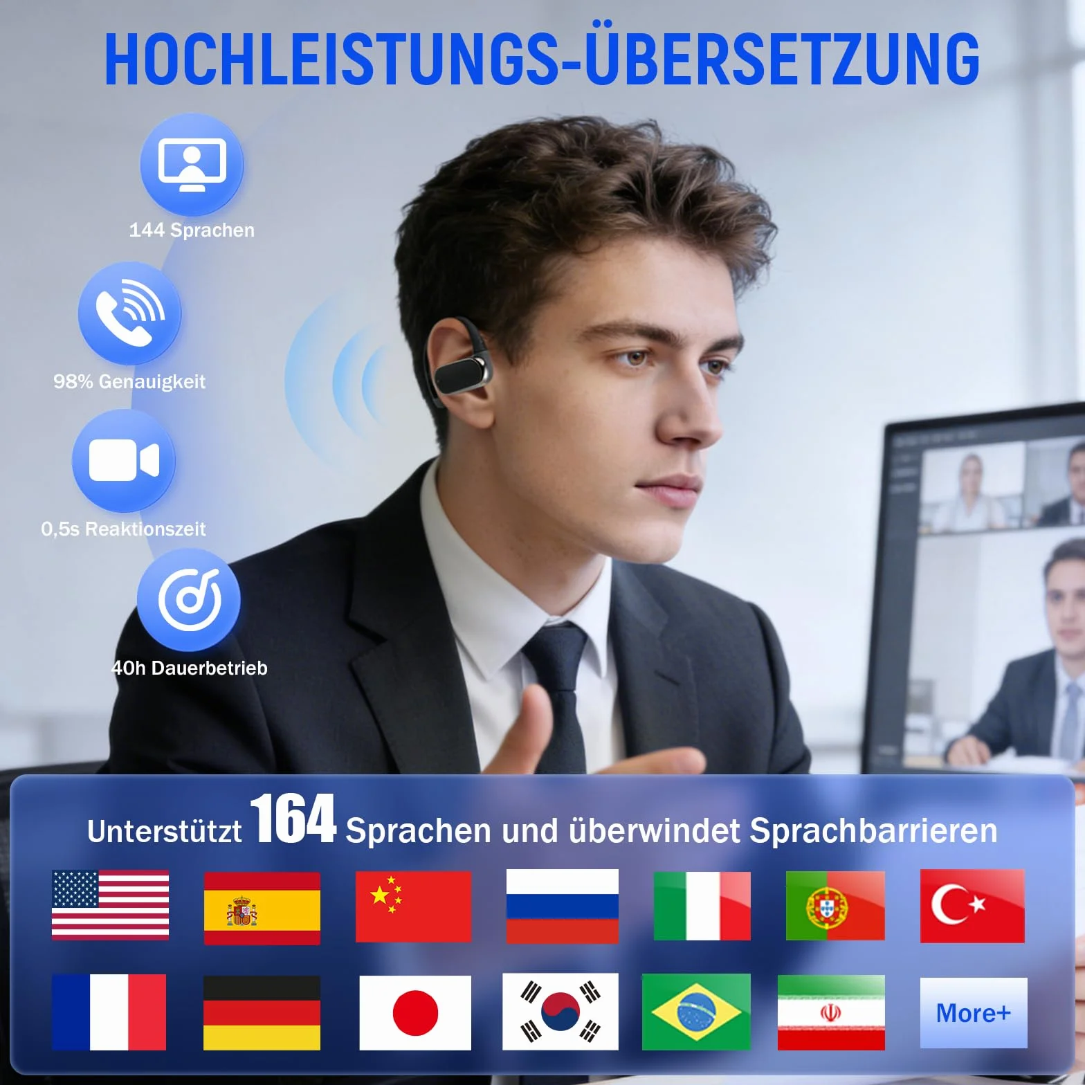 cuffie traduttore AI, cuffie di traduzione 3 in 1 supporta 144 lingue, 4 modalità di traduzione, Bluetooth 5.4, Traduttore auricolare per viaggi, affari e apprendimento