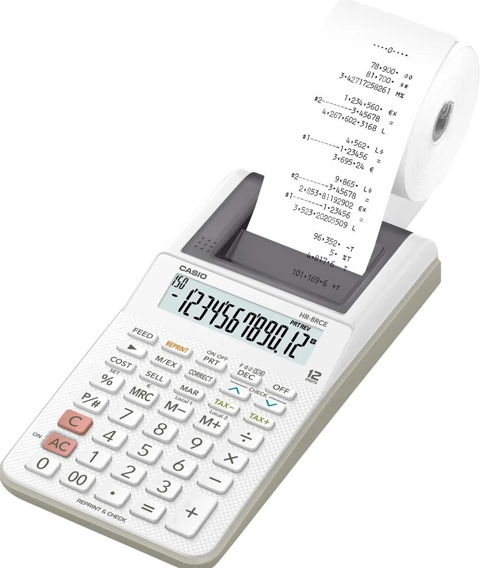 Casio HR-8RCE-WE Calcolatrice Scrivente Bianca Portatile, Bianco & ADA-60024 Alimentatore, nero