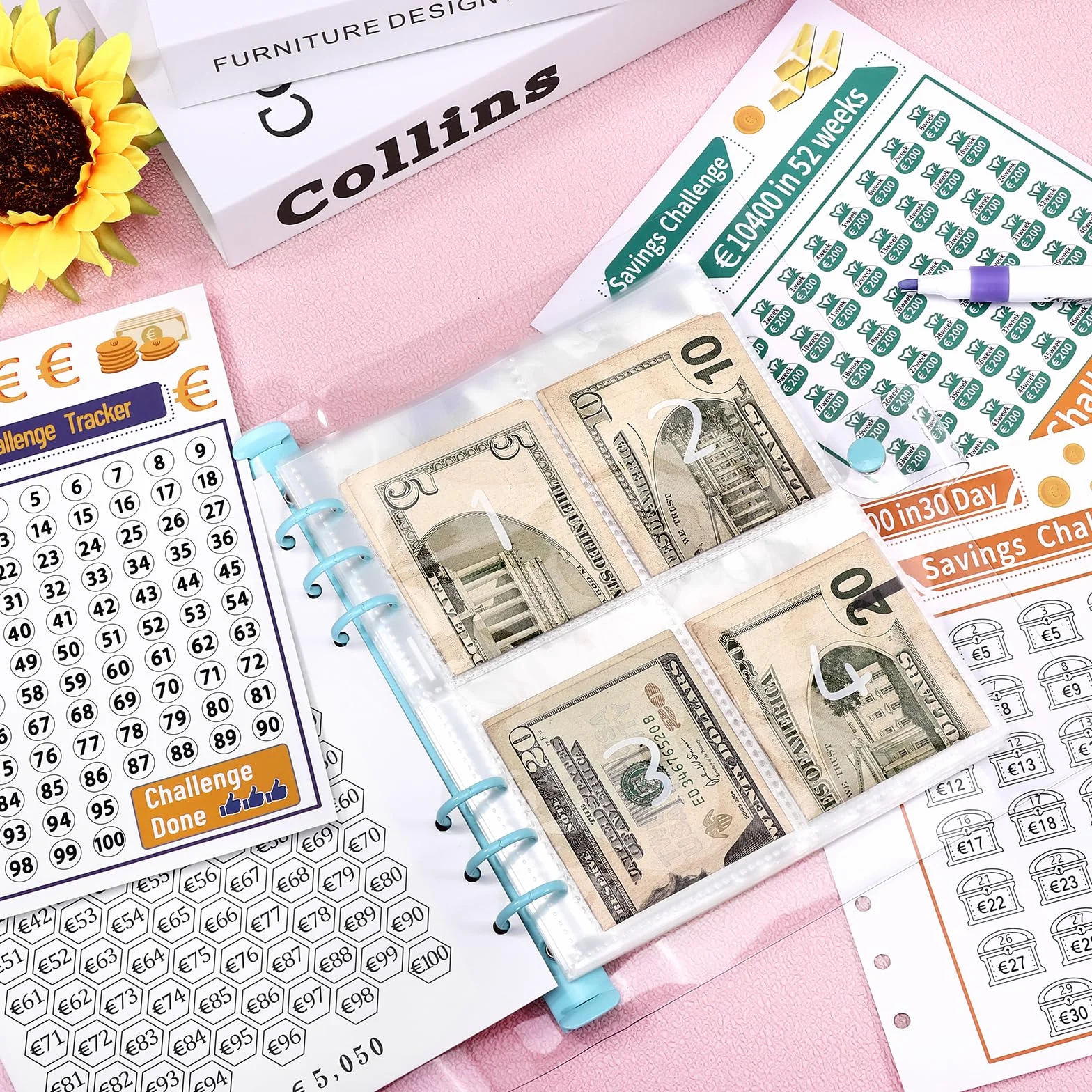 A5 Agenda Risparmio Soldi con Buste Porta Soldi e Tracker Della Sfida, Budget Binder per Risparmia Denaro Challenge - Blu